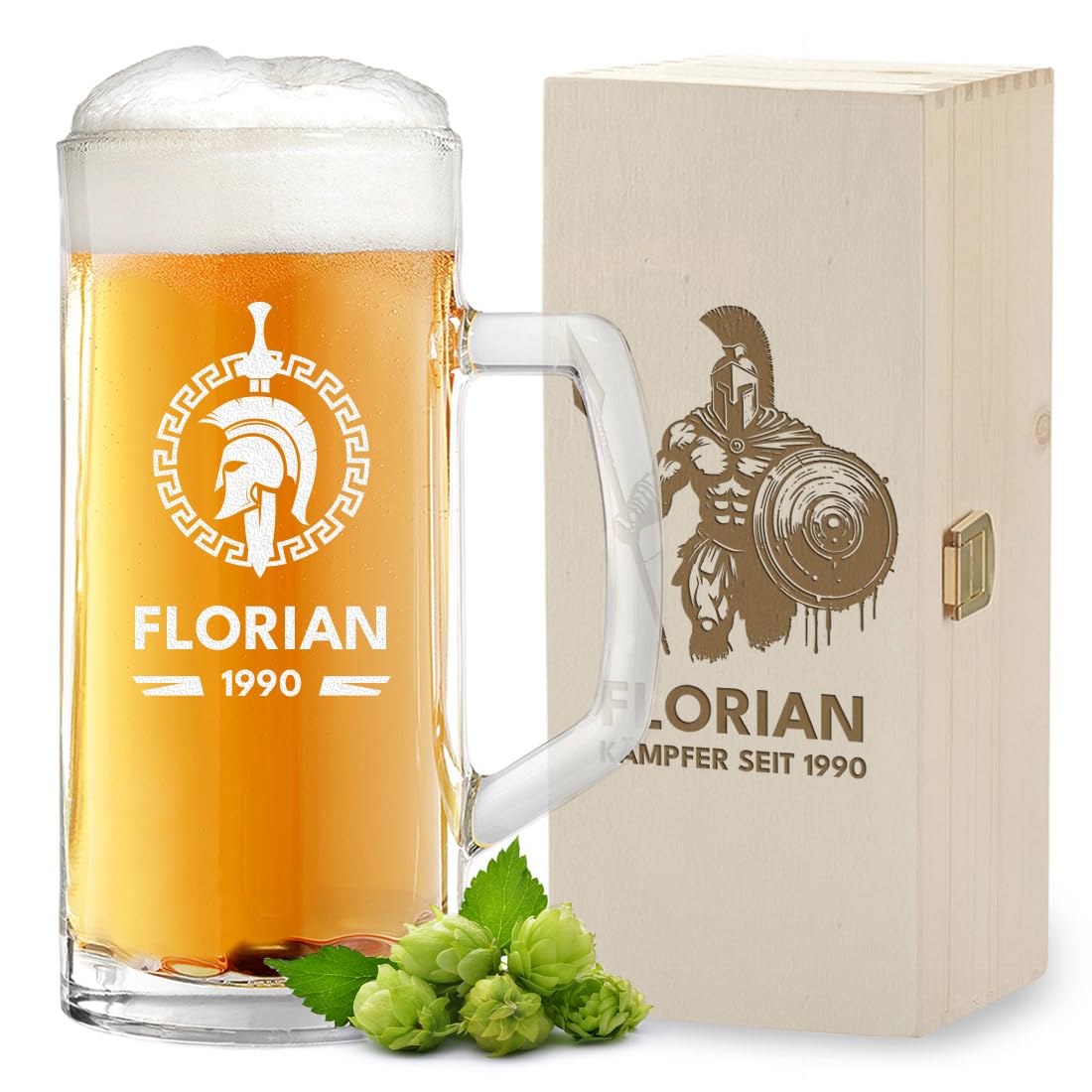 polar-effekt 2-tlg Set Bierkrug 0,5 L & Holzkiste mit personalisierter Gravur - Geschenke für Männer zum Geburtstag - Bierglas für Weißbier, Pils und Export