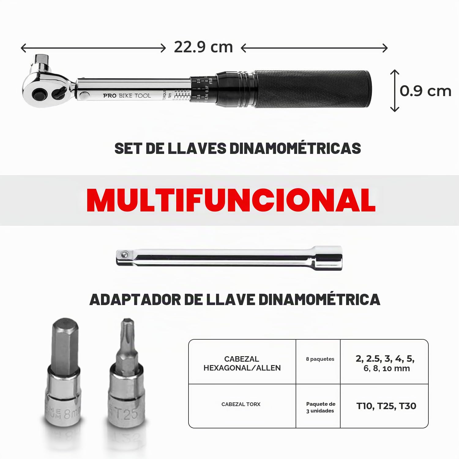 PRO BIKE TOOL 1/4 Llave Dinamometrica para Bici, kit de mantenimiento para bicicletas de carretera y montaña, incluye casquillos Allen y Torx - Kit Llave Dinamometrica Professional para uso preciso