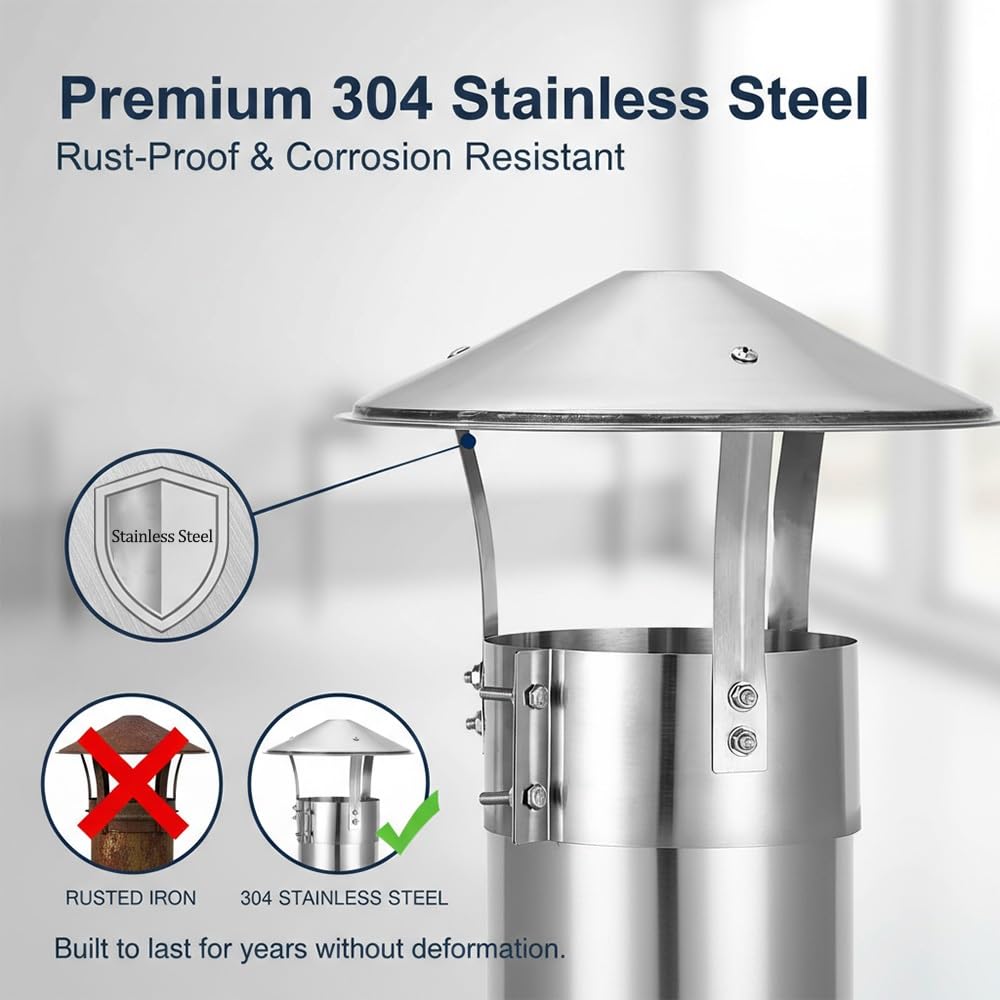 Schornsteinabdeckung Rund Verstellbar Abgasrohr Kaminhaube Edelstahl 304 Ø75mm 180mm 220mm Kaminabdeckung Silber Wetterfester Kaminaufsatz für Kaminofen Dachlüftung(180mm)