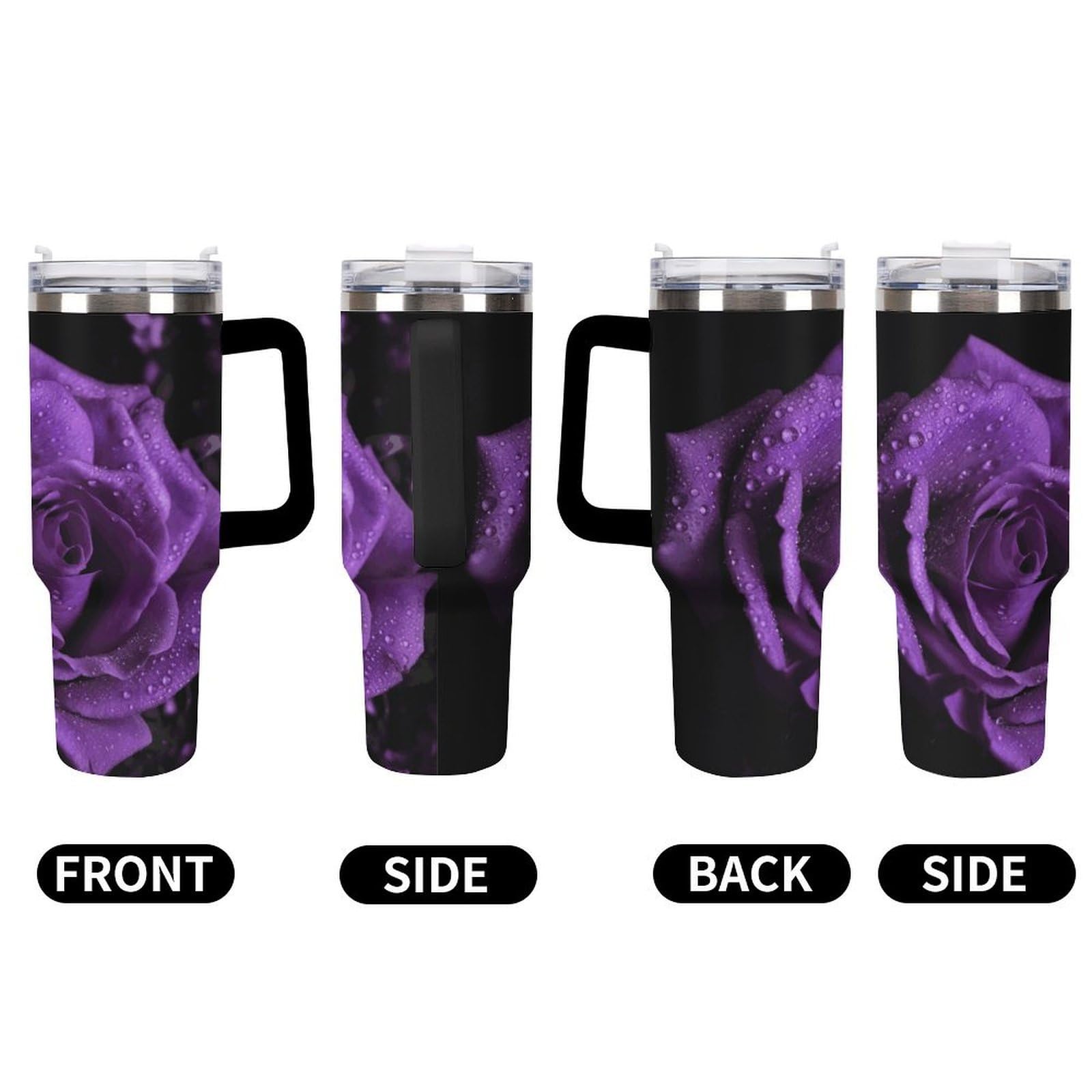 Tazas de rosa morada con popote y asa, taza de café con aislamiento al vacío de doble pared, botellas de agua para café helado, té, bebida caliente y fría