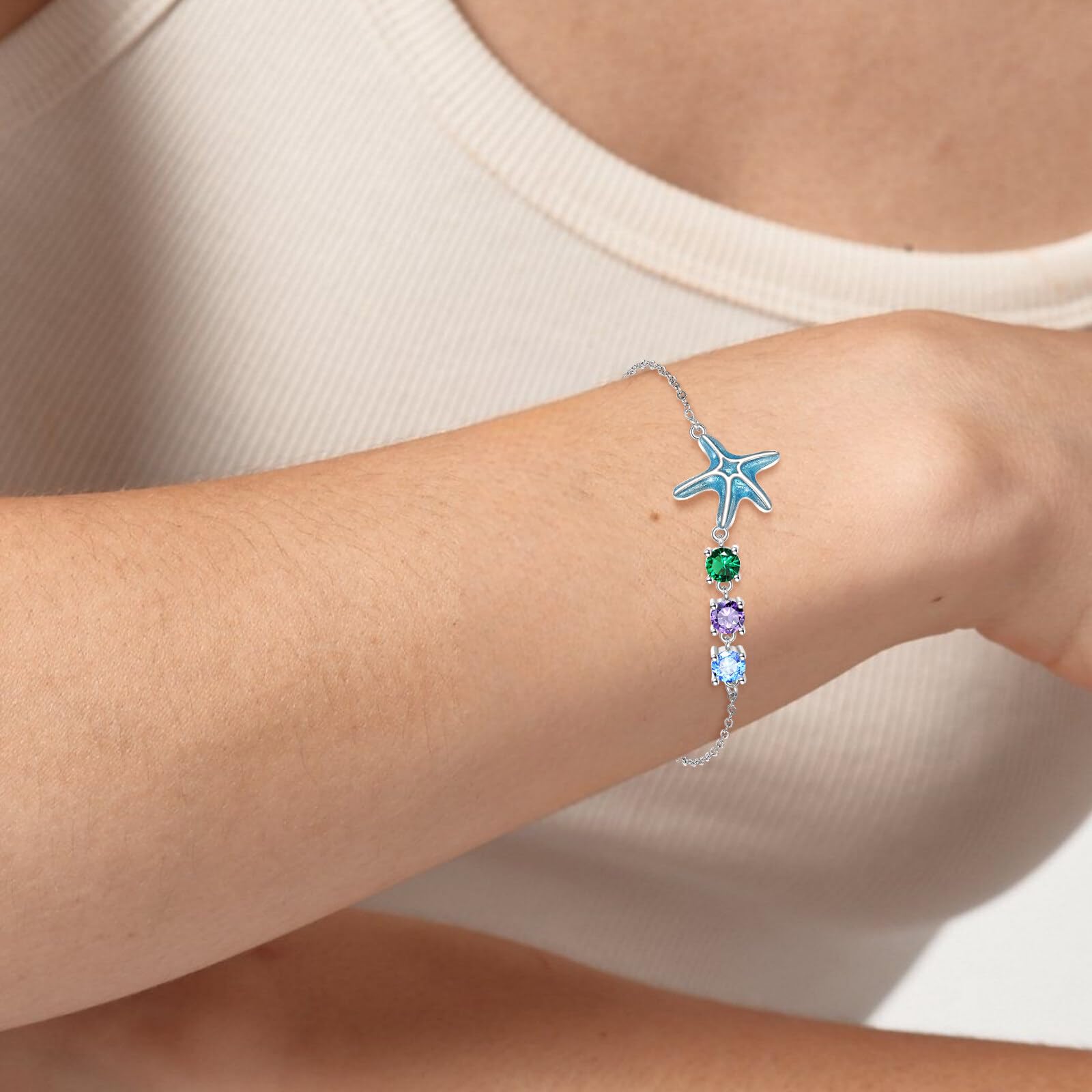 LONAGO Seestern Armband für Damen 925er Sterlingsilber Blauer Seestern mit Bunten Zirkonia Armband