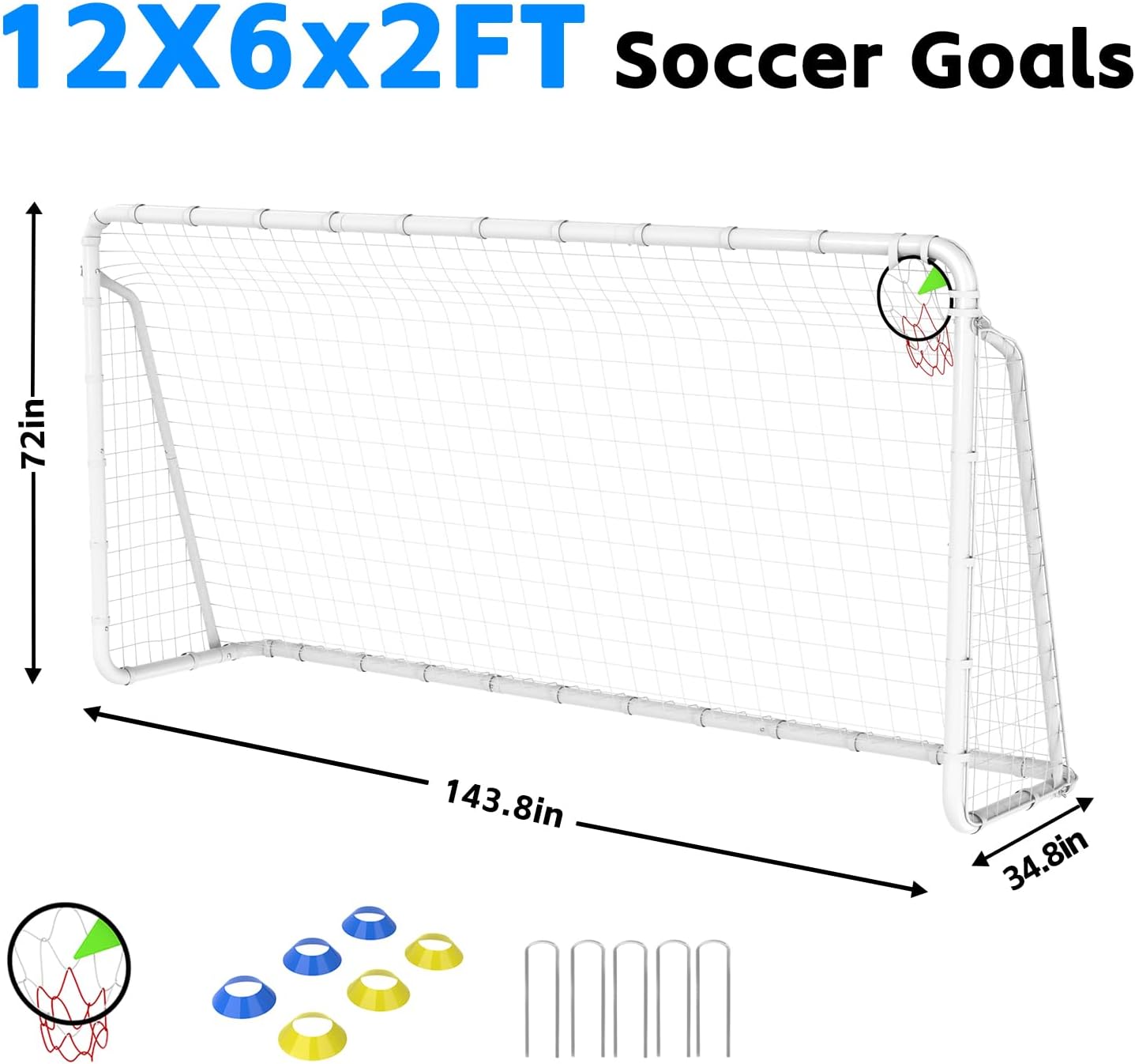 KEIKI 8x6FT/12x6FT/16x7FT Portable Soccer Goal for Backyard, Heavy Duty Steel Frame Soccer Net with Stakes, 6 Training Cones & Corner Target, Large Soccer Practice Goal for Kids Adults Outdoor Lawn