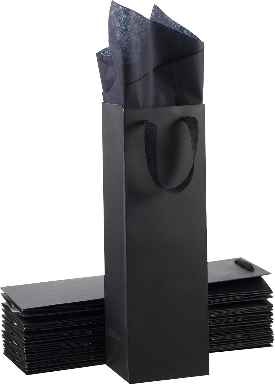 Zonon 12 Pcs Wine Gift Bag with Handles and Tissue Paper 4 x 3.5 x 14 Inch Wine Bottle Gift Bags for Wedding Graduation Party Mother's Day Birthday Bridal Shower Holiday Party(Black)