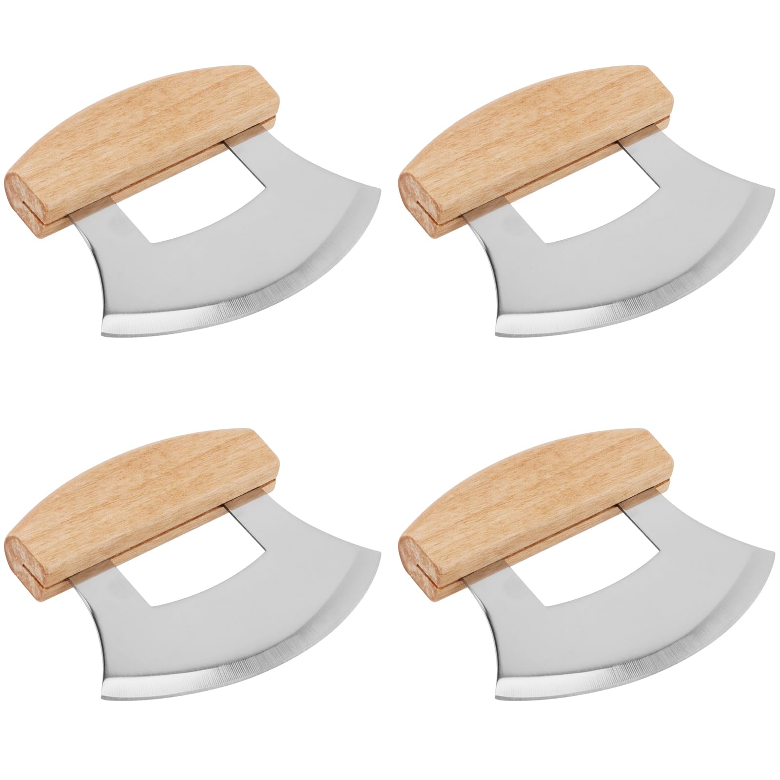 SEHOI 4 PCS Pizza Mezzaluna Ulu Knife, Salad Chopper Rocker Knife Stainless Steel Blade with Wooden Handle for Chopping Vegetable, Fruit