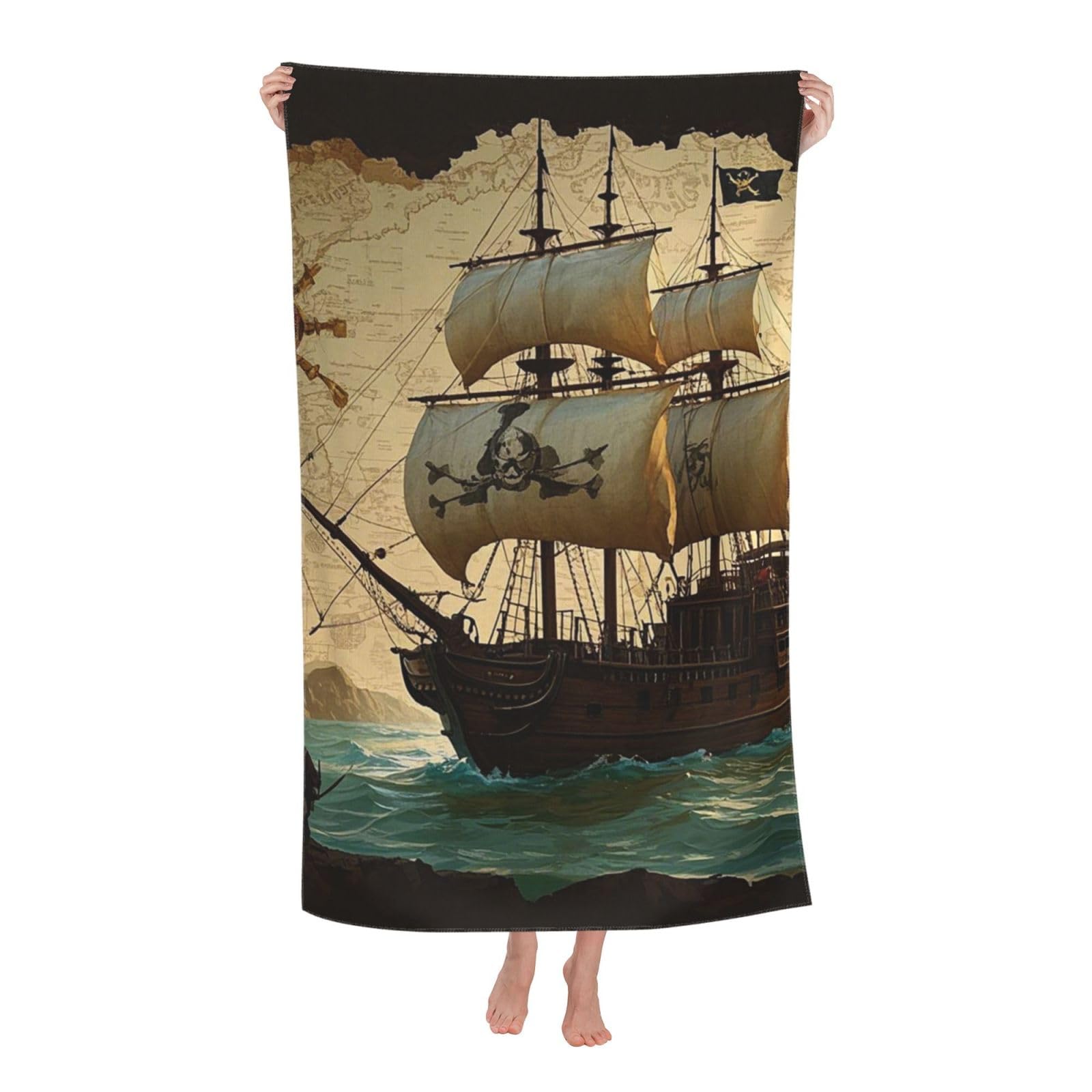 FodPand Vintage Map Pirate Ship Beach Towel Oversized 52 x 32 in Sand Free Pool Swim Towels for Adult Travel Blanket Lightweight Quick Dry Absorbent Bath Towels Cruise Vacation Accessories
