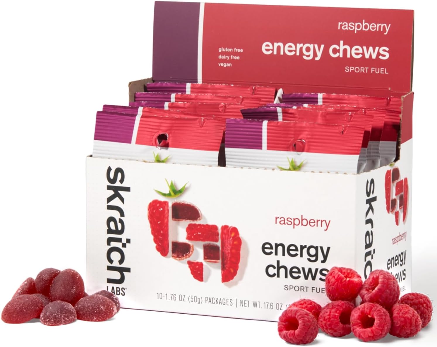 Skratch Labs Energy Chews | Gummies for Running, Cycling & Endurance Quick Carbs for Athletes, Easy to Digest, Real Fruit | Gel Alternative for Runs & Rides | Raspberry 10 Pack | Gluten Free, Vegan
