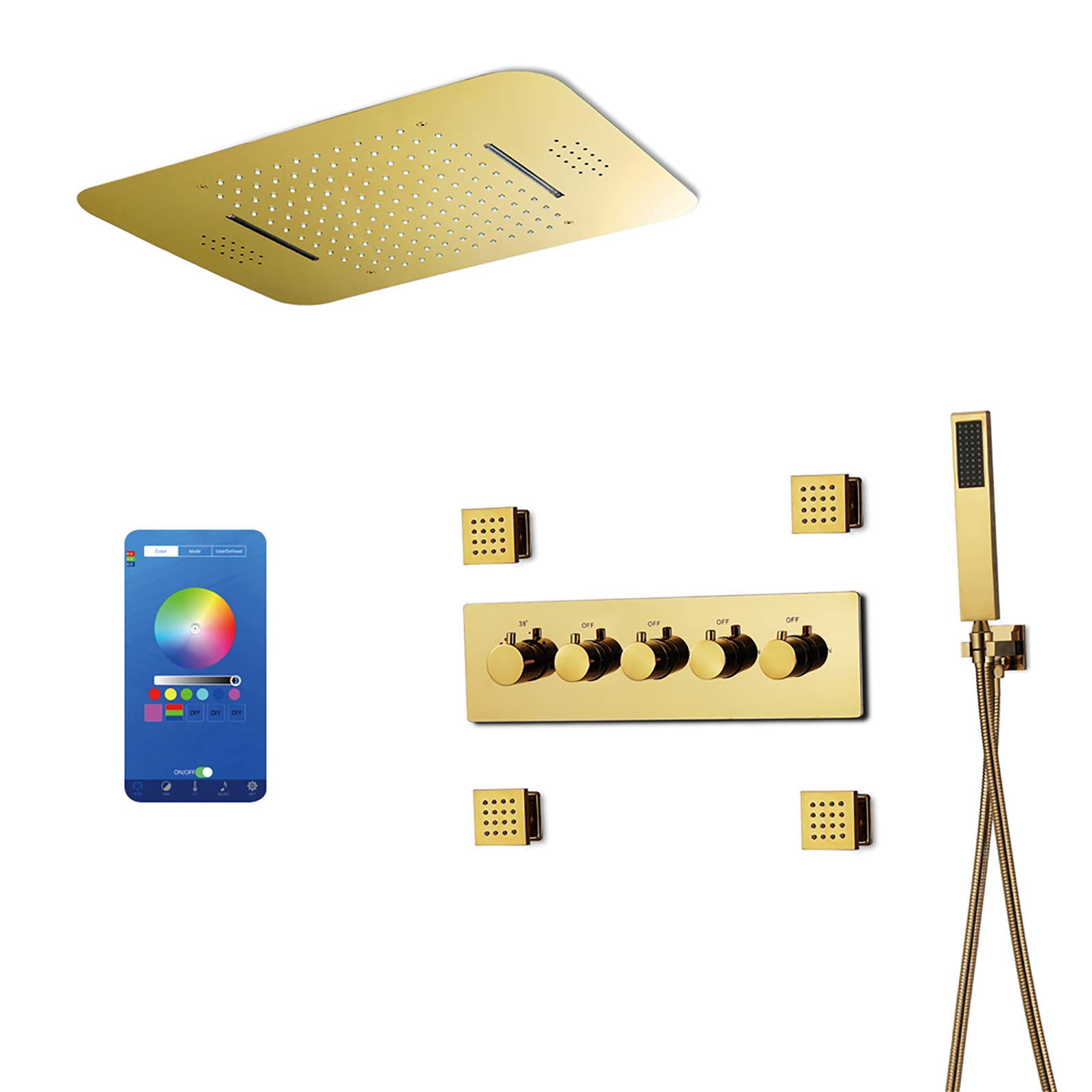 Music 64 kolory LED Ti-PVD złoty zestaw prysznicowy zestaw termostatyczny łazienkowy bateria prysznicowa zestaw z głowicą prysznicową, prysznicem ręcznym, dyszami nadwozia, pilot zdalnego sterowania