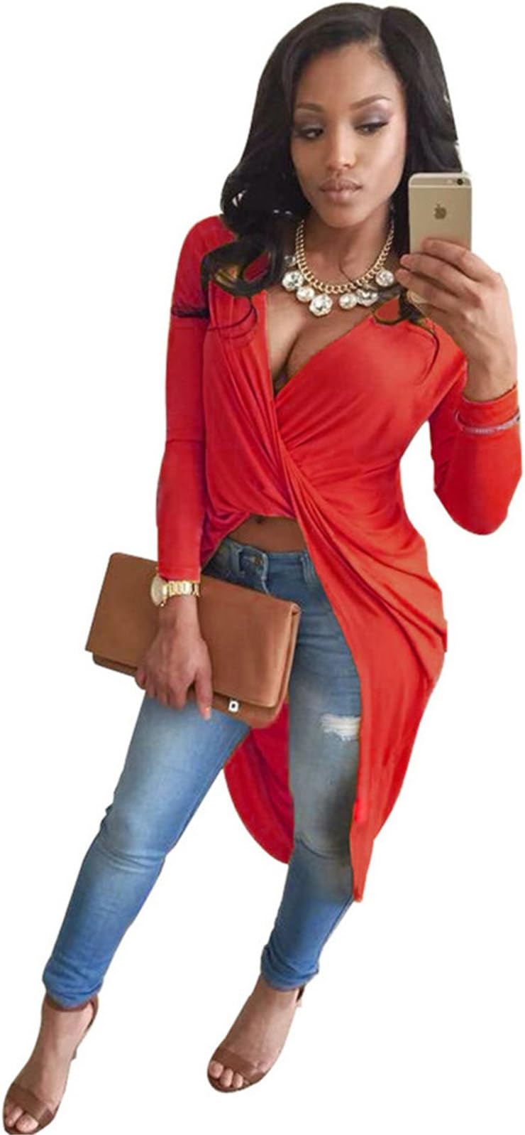 Sexy V Neck Twist Wrap Drape Cross Front Swallowtail T-Shirt Blouse Top Red M