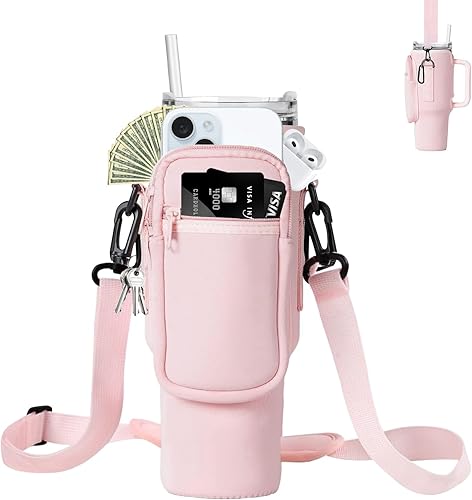 Bolsa de transporte para botella de agua, compatible con vaso Stanley de 40 onzas, cuenta con una correa corporal con ganchos a presión, adecuada