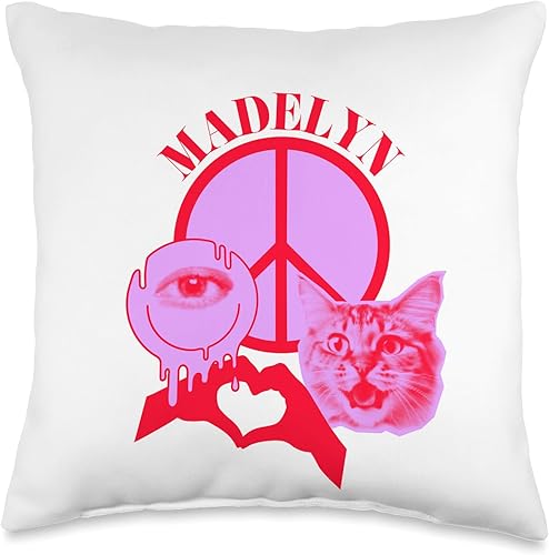 Personalized Madelyn First Name I Love Retro Cat Mom Throw Pillow, 16x16, Multicolor
