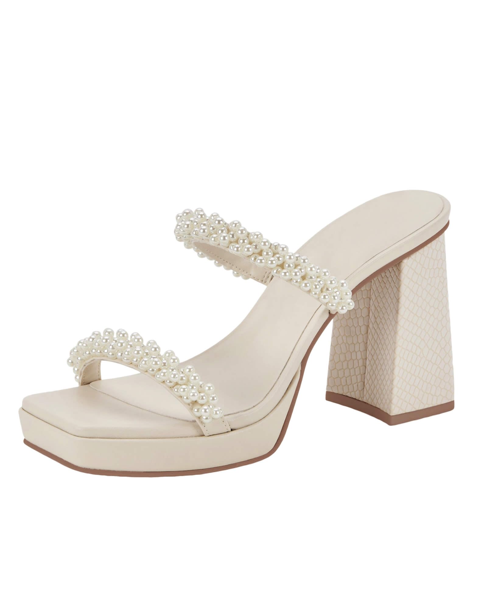 Coutgo Women's Pearl Sandals Platform Chunky High Heels Square Open Toe Strappy Slip On Slides