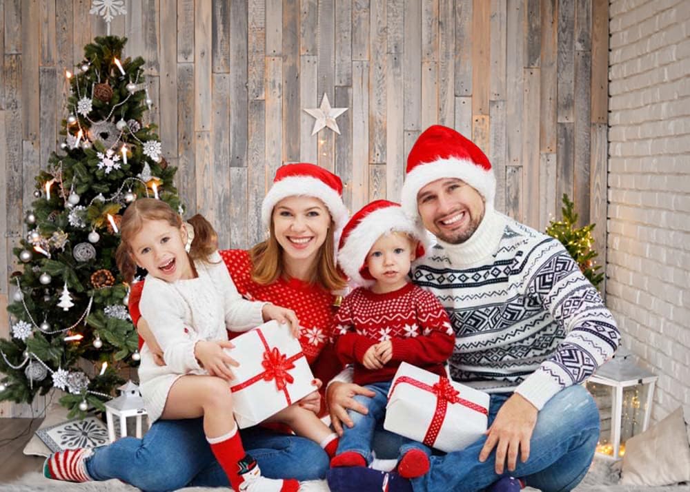 3x2.4m Sfondo Natale Albero di Natale Rustico Marrone Muro Stelle Regali Ghirlanda Fotografia Sfondo Famiglia Inverno Vacanze Natale Capodanno Compleanno Decorazioni Banner Photo Booth Props
