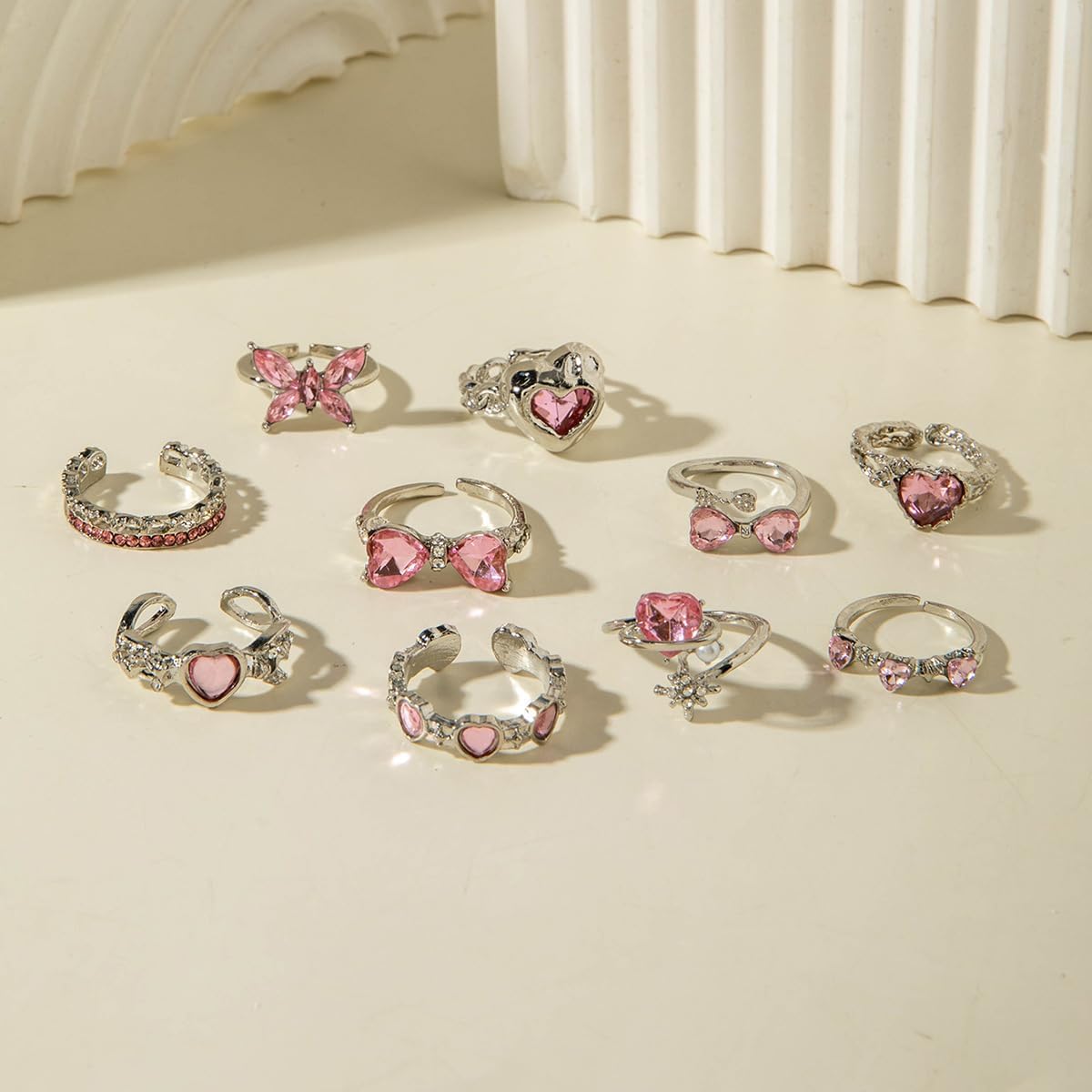 Gold Rings Sets for Women Pink Rhinestone Crystal Ring Heart Butterfly Bowknot Knuckle Joint Rings Set Vintage Boho Y2k Gothic Waterproof Jewelry Crystal Trendy Cute Stackable Ring Wedding Holiday Party Birthday Halloween Jewelry image 4