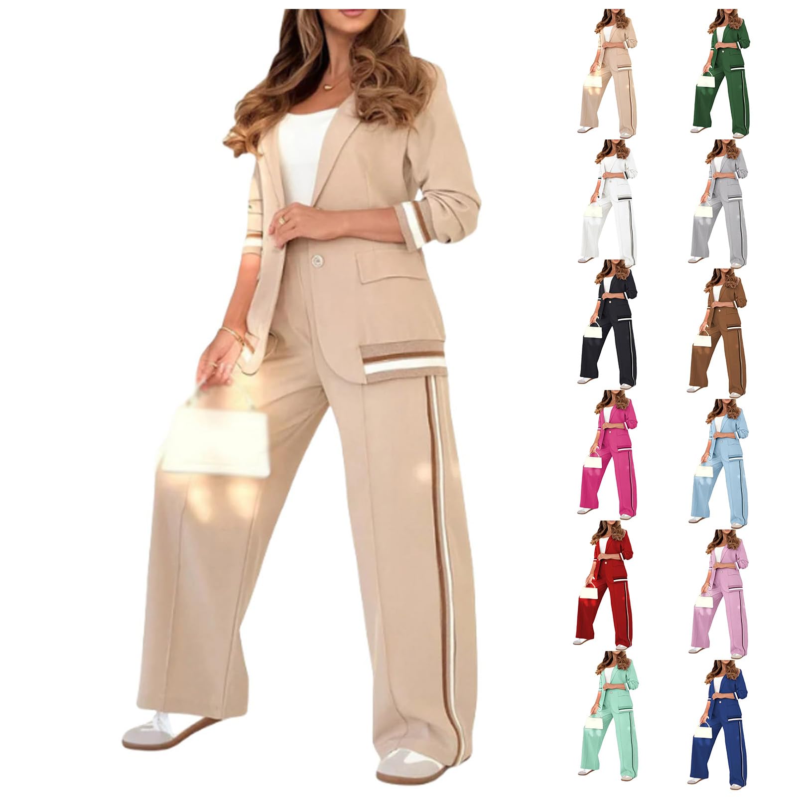 Blazer Sets Women 2 Piece Outfits Ribbed Sets One Button Blazer and Wide Leg Pants Suits Casual Business