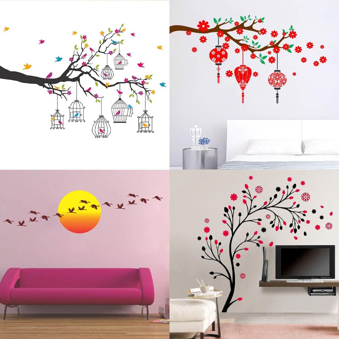 MERICAL PVC Vinyl Set of 4 Branches Flowers & Birdcages, Magical Tree, Red Flower Lantern, Sunrise Flying Bird Wall Self-Adhesive Sticker for Wall Decor, Living Room, Children Room, 5 cms-image-29