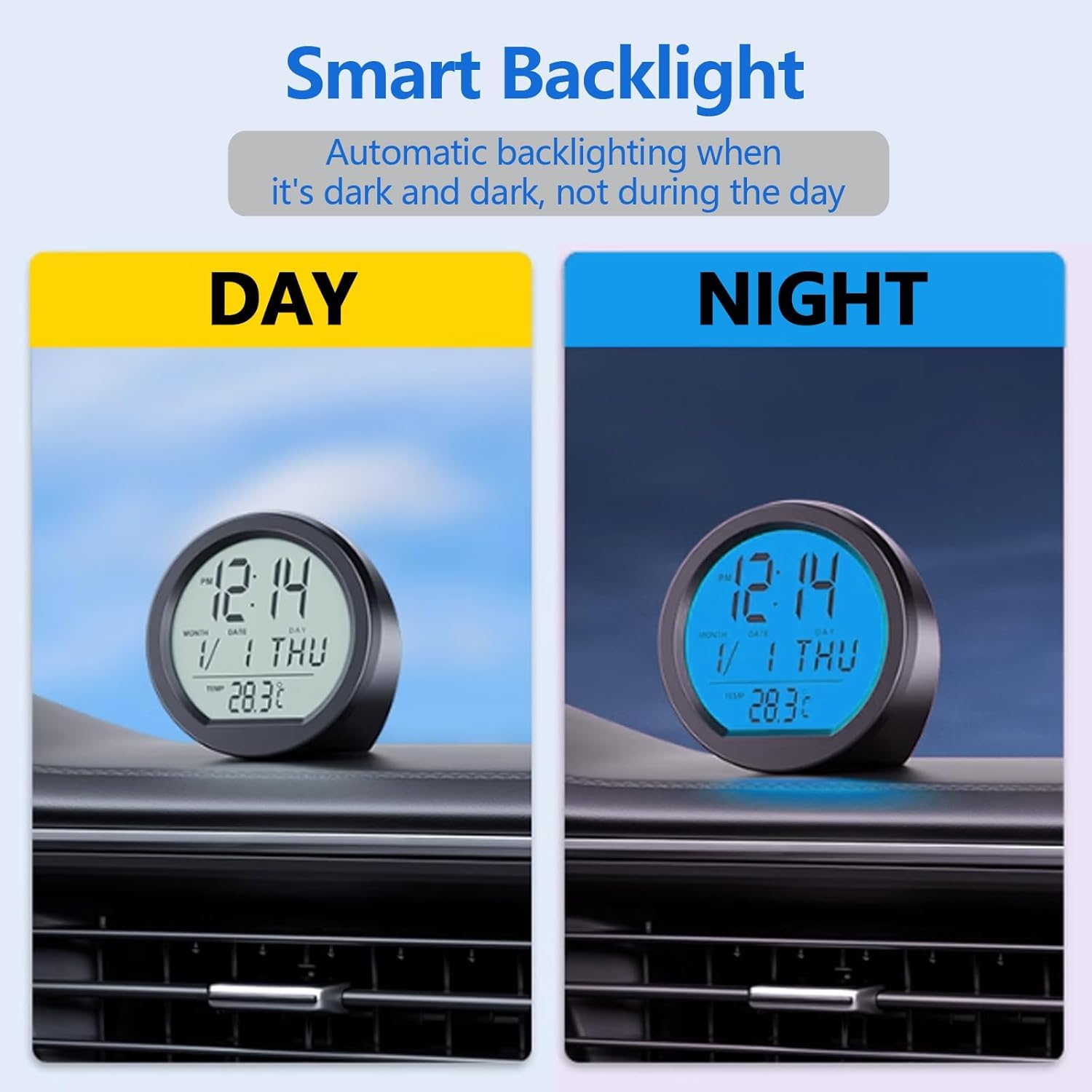 Termometro Orologio Digitale Per Auto, 3 In 1 Mini Orologio Da Cruscotto Auto A Batteria E Energia Solare Con Luce Notturna, Orologio Da Tavolo Digitale Display Temperatura E Data Per Veicoli E Uffici