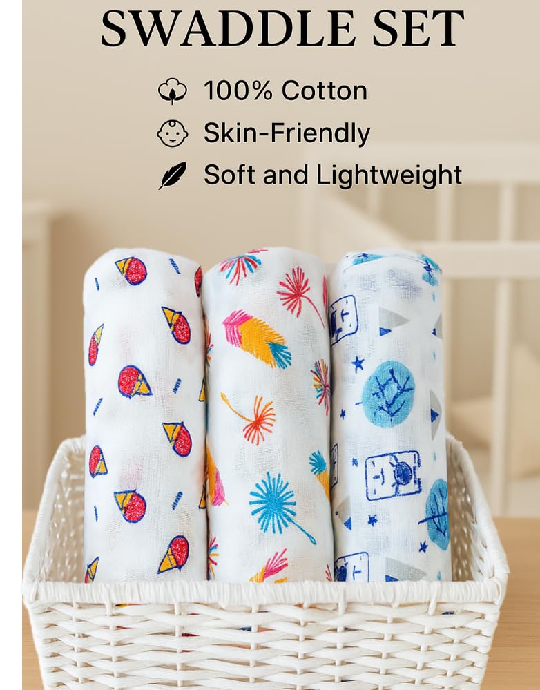 Image of Swaddle for Babies -100% Muslin Cotton Soft Swaddle /Blanket /Multipurpose Wrap for New Born Baby Girl & Boy | Perfect for Gifting | 100 x 100 cm | 0-6 Months, Set of 3 (Print 2)