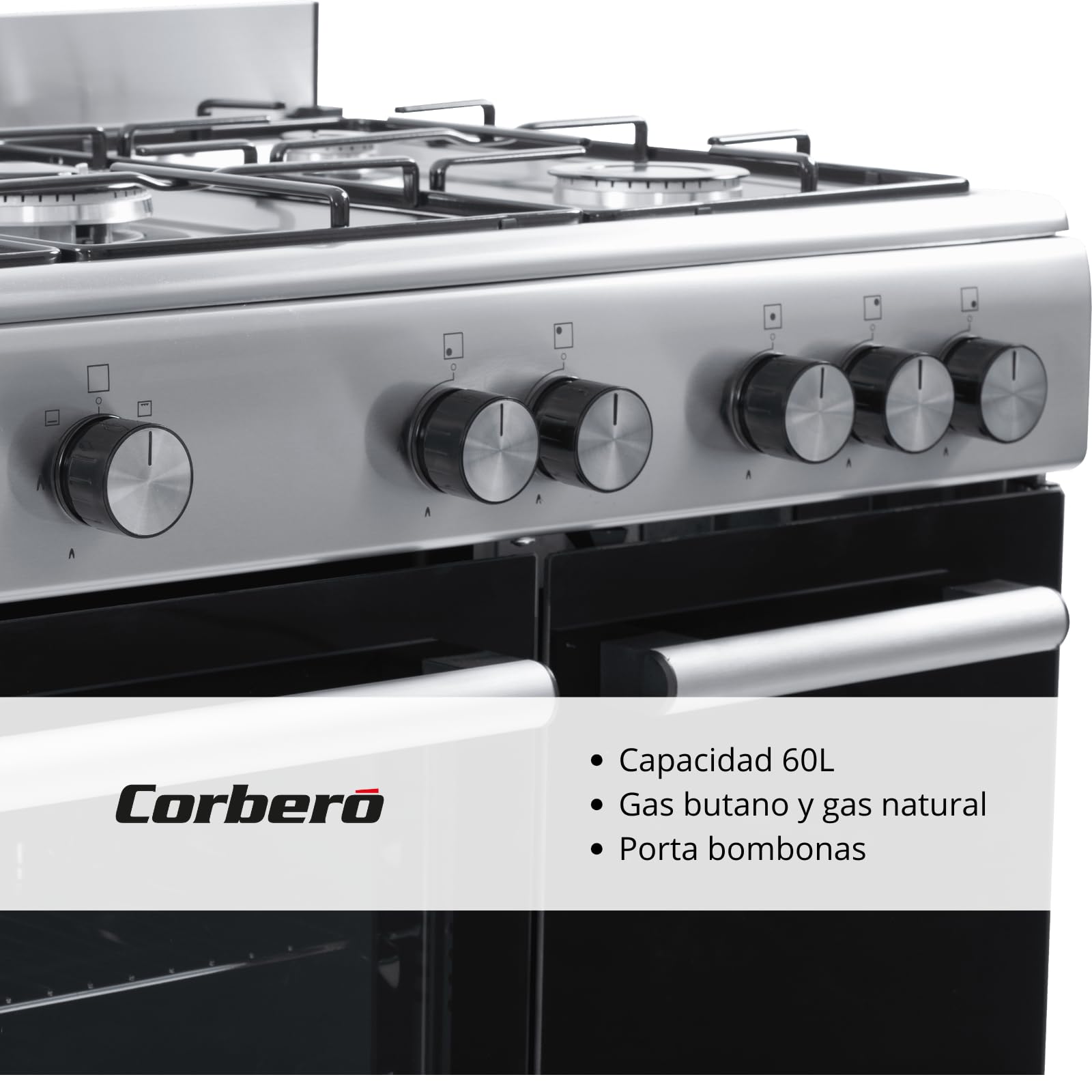 Corbero - Cocina de gas butano 5 fuegos | CC510GB90X | 80x90x60 | Horno de 60L con puerta doble | Wok en medio| Encendido Manual | Cajón calientaplatos| Bandeja y parrilla cromados |Con tapa| Inox