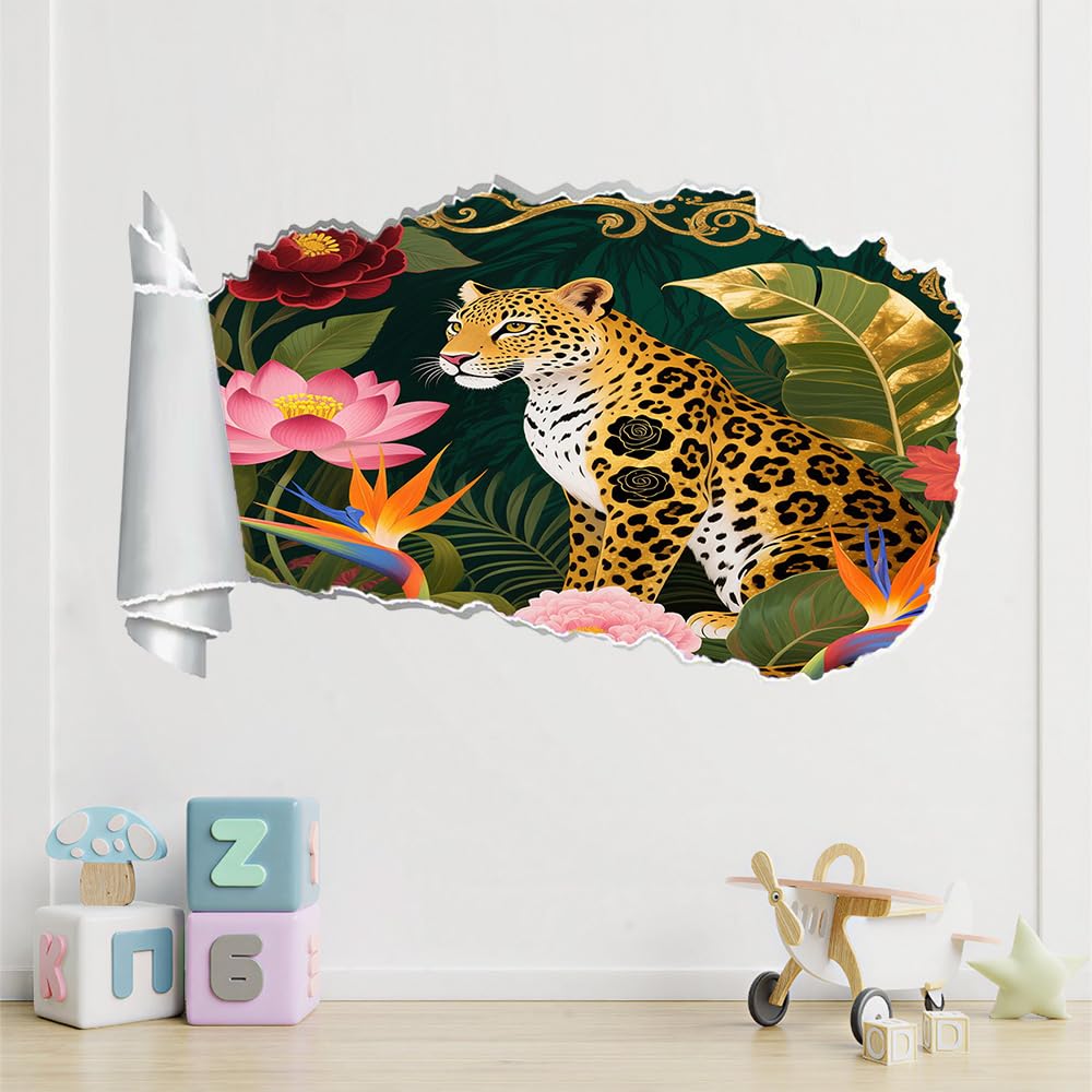 3D Wandtattoo Durchbruch Wanddeko Leoparden Wanddurchbruch sticker Wandbild Wandsticker Lotusblätter Und -Pflanzen Wohnzimmer Wanddeko Wandaufkleber für Kinderzimmer Teenager Zimmer