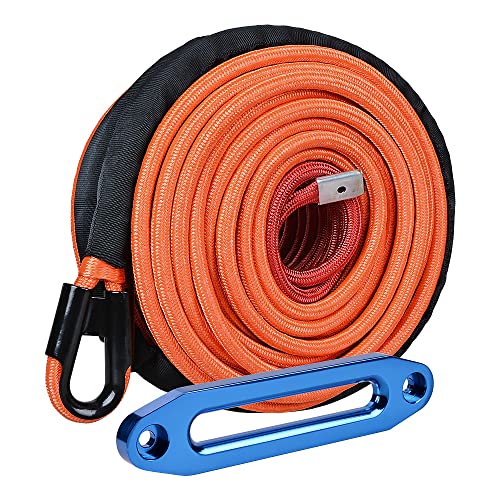 AMOPACORP Combo 95 feet x 3/8 inch Orange Synthetic Winch Rope 22000lbs and Anodized Blue 10 inch Hawse Fairlead for Off-Road Recovery SUV Truck Trailer