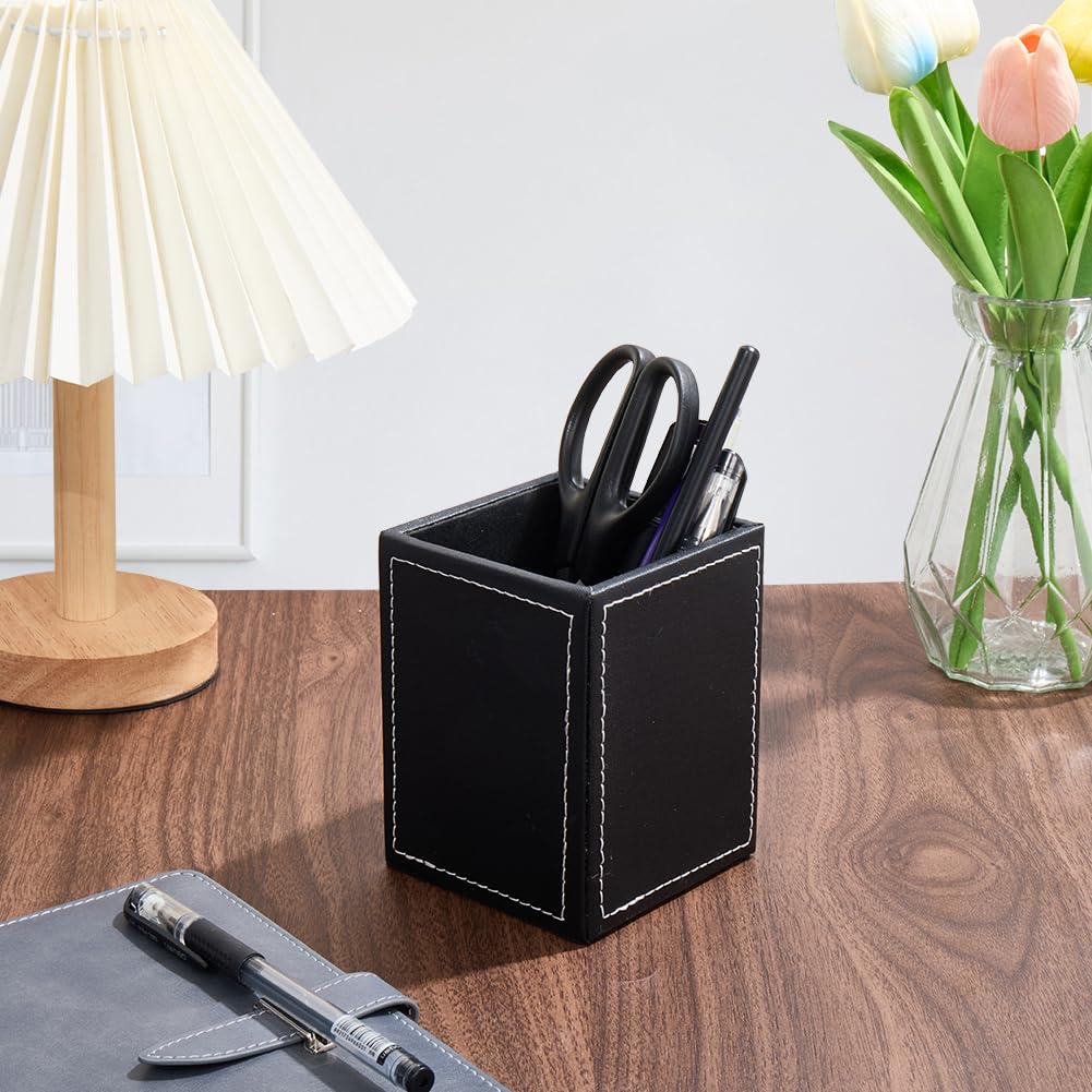 Portalápices cuadrado de piel sintética negra para bolígrafos, organizador multifuncional de escritorio para artículos de papelería, caja de accesorios de oficina para escritorio y