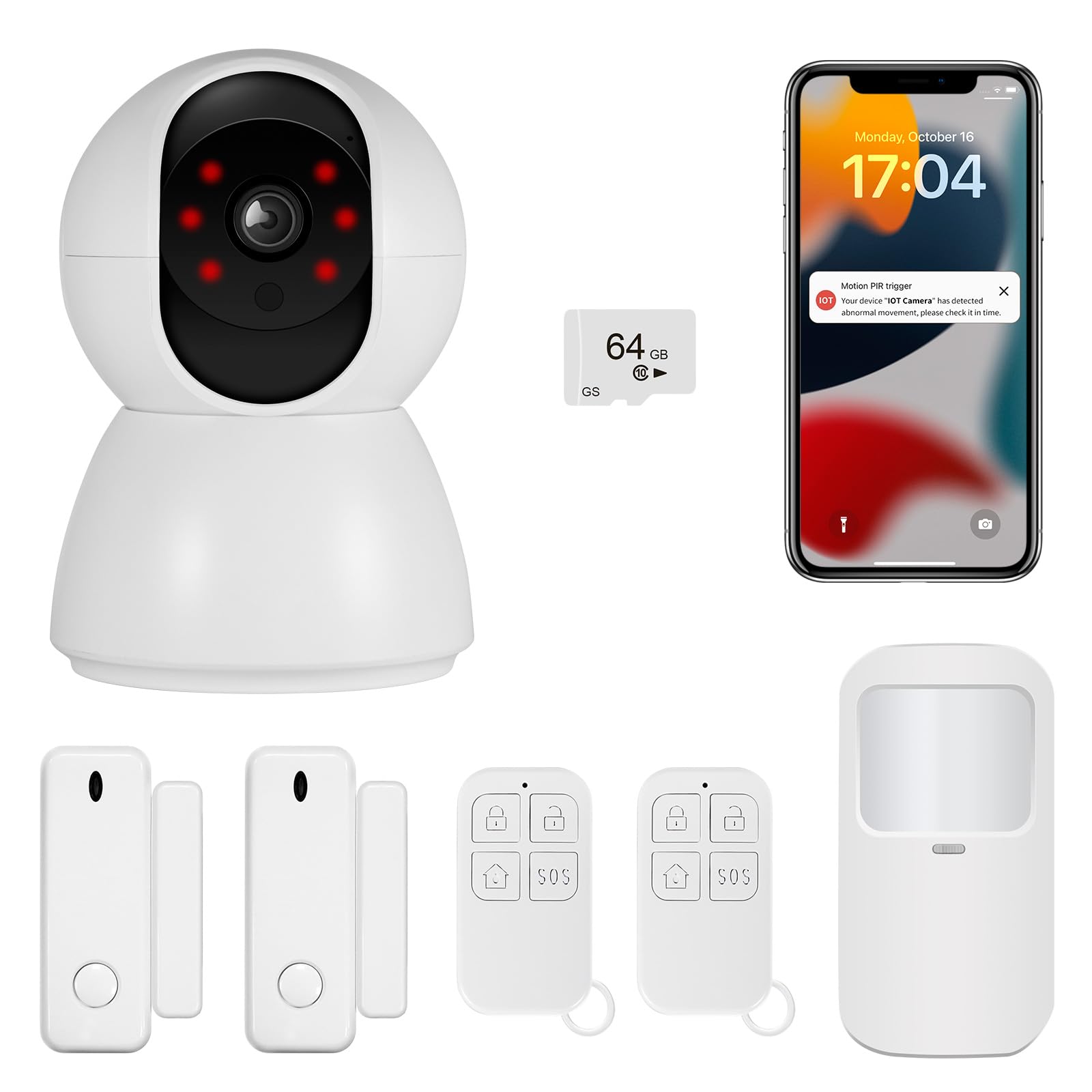 TOWODE Wireless Burglar Security Alarm System,1 WiFi Camera, 1 64G Memory Card, 1 Motion Sensors,2 Door Alarms & 2 Remote Control,Auto Tracking,Comprehensive Protection for Home, Garage & Shed