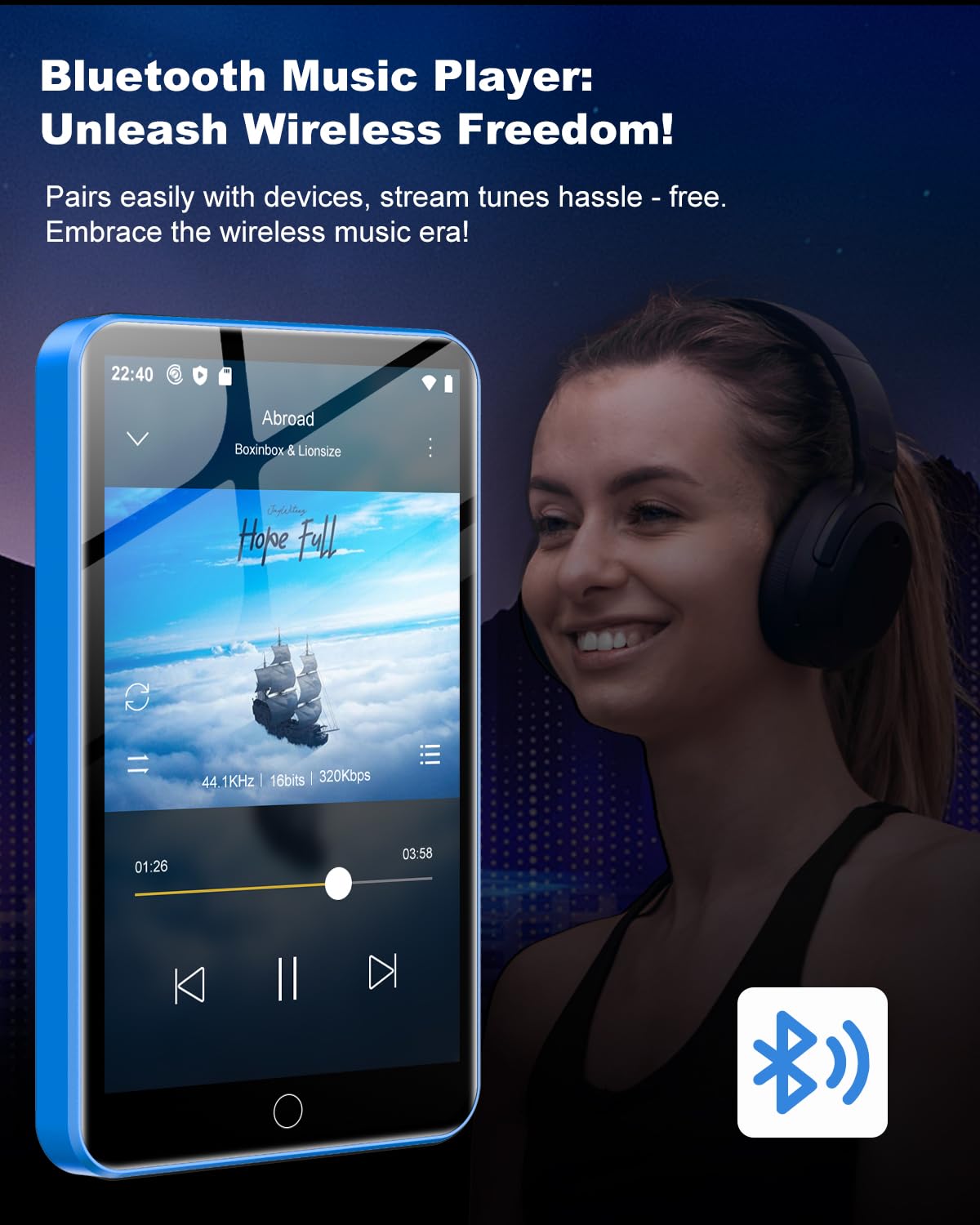 Lecteur MP3 80 Go avec Bluetooth et WiFi, écran Tactile 4 Pouces Lecteur MP3 pour Enfants Haut-Parleur intégré, Lecteur MP4 avec Spotify, Audible, Amazon Music, Deezer, Radio FM, jusqu'à 1To, Bleu