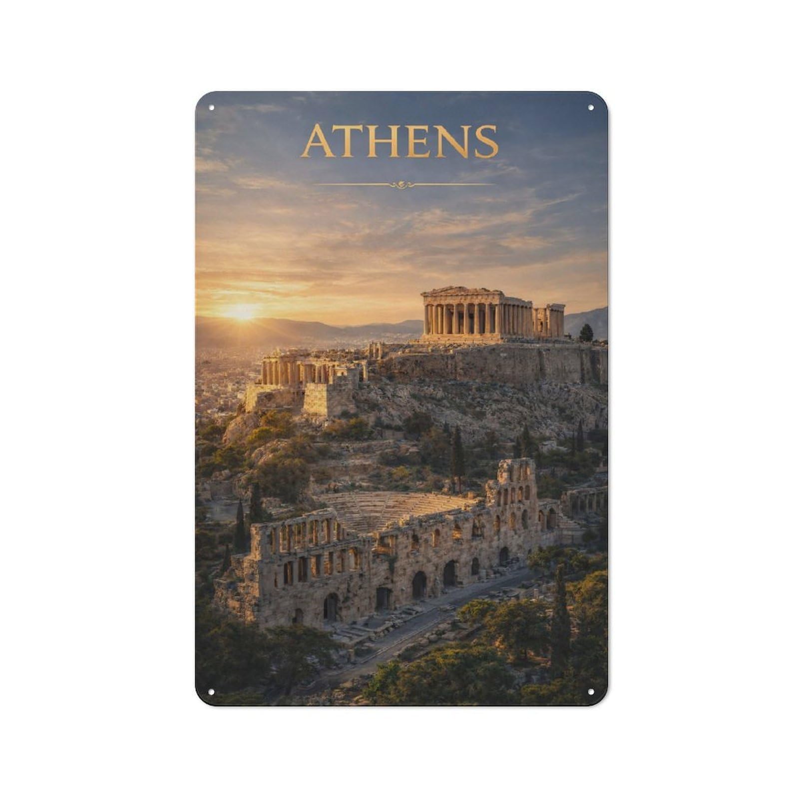 Classic Athens Acropolis at Sunset Metal Sign 30x20cm, Classic Pub Decor for Diner, Restaurant, Shed Or Kitchen
