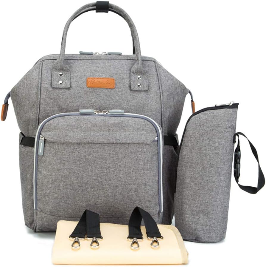 Multifunction Nappy Changing Bag, Large Capacity Travel Baby Changing Rucksack Tote Reusable, Lightweight Stylish Durable Backpack with Bottle Insulated Pocket for Mommy and Dad (Grey)