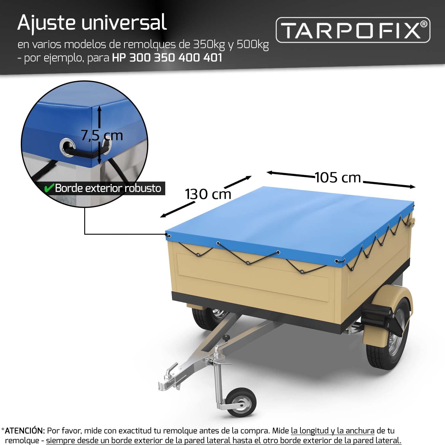 Tarpofix® Lona para Remolque Plana 130x105x7,5cm Incl Cuerda de Cubierta - Lona Remolque con Bordes Reforzados de PVC - Cubierta Ideal para Varios Modelos de remolques de automóviles de 350kg 500kg