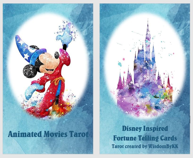 Cartas de tarot de películas animadas. Imágenes de cuento de hadas con salpicaduras de acuarela. Cartas de tarot de personajes de cuento de hadas.