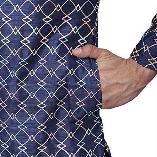 Image of SOJANYA (Since 1958 Men's Silk Blend NavyBlue Kurta with Multi Color Embroidery and Off-White Pyjama