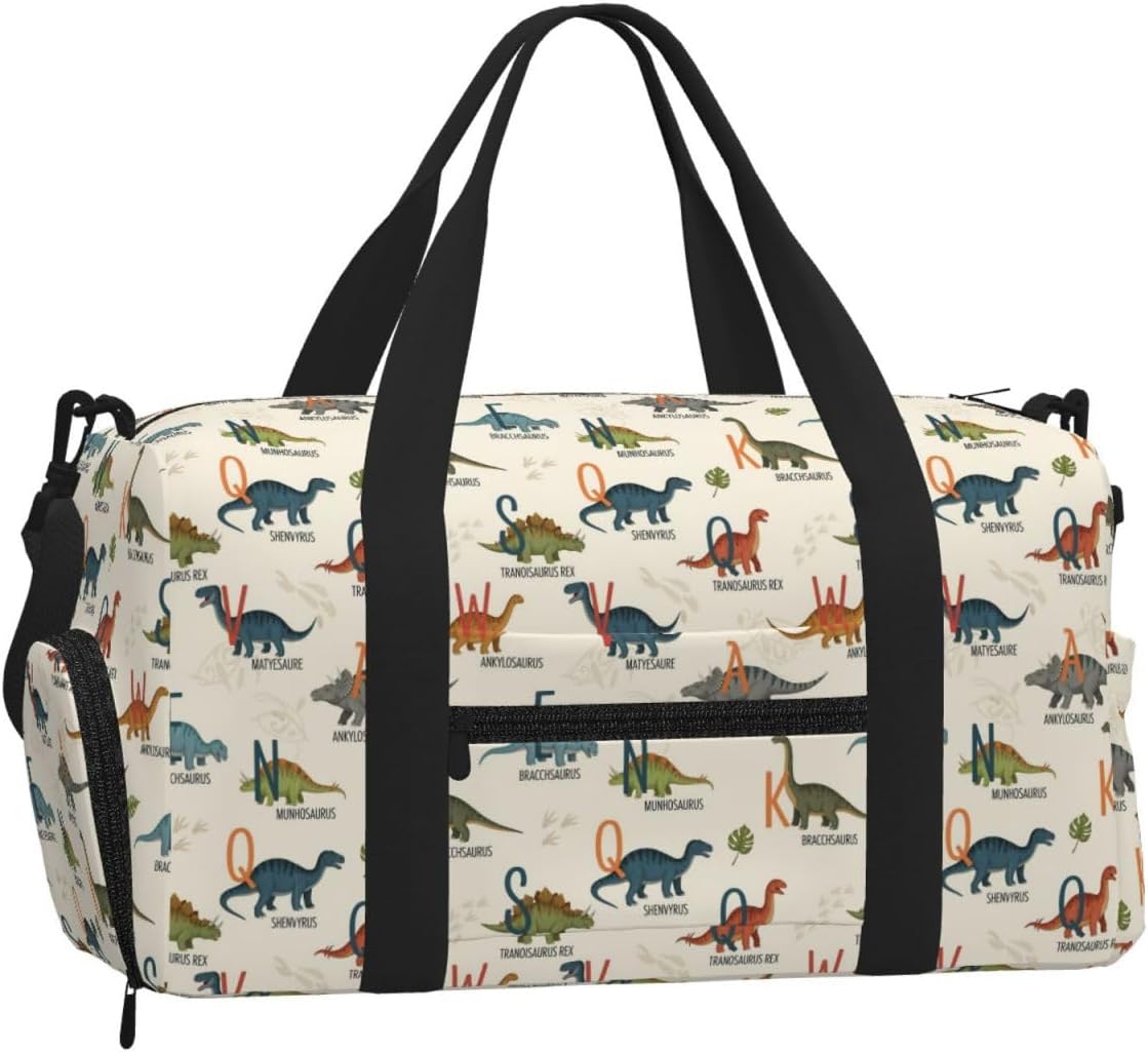 Sports Travel Duffel Cute Alphabet Dinosaur with Shoe Compartment, Waterproof Handheld Crossbody Bag, Removable Adjustable Strap for Outdoor Workout