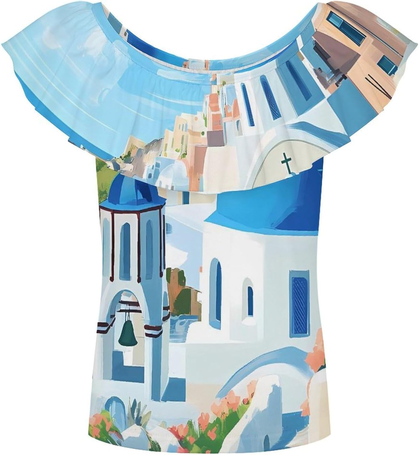 Santorini Greece Girls T-Shirts Top Ruffle Short Sleeve Blouse Casual Graphic Tees