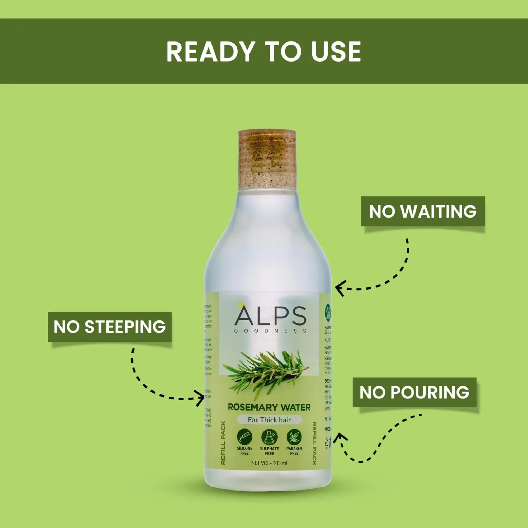 Alps Goodness Rosemary Water Refill Pack | Herbal Hair & Scalp Mist for Thicker-Looking Hair, Shine & Smoothness | Lightweight Non-Greasy Spray | Silicone, Sulfate & Paraben Free | 10.31 Fl Oz (305ml)