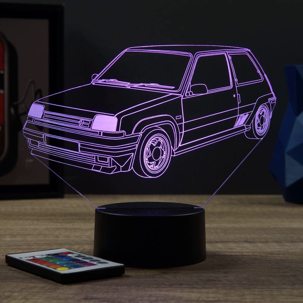 Lampe LED 3D Renault Super 5 GT Turbo Personnalisée Prénom – Veilleuse 16 Couleurs + Télécommande – Cadeau Passion Voiture Ancienne & Youngtimer – Fabrication Française Artisanale