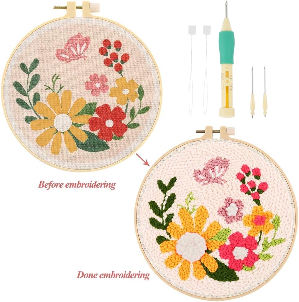 Image of Russian Poke Poke Needle Set,Embroidery Punch Needle with Changeable Poking Needle Head Embroidery Punch Pen for DIY Craft Sewing Embroidery Craft (Yellow+Green)