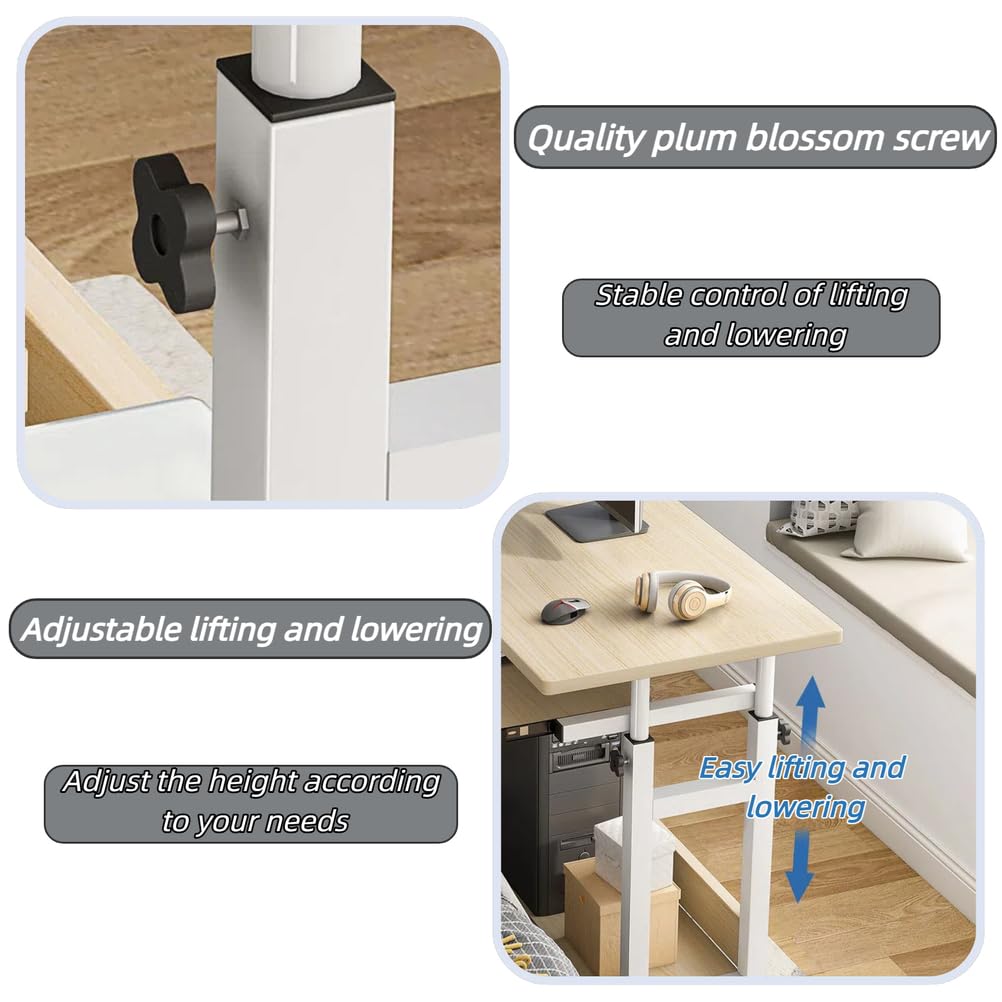 Tavolino per Laptop Regolabile in Altezza con Ruote, in Rovere Bianco, con Vassoio per Tastiera, Ideale per casa, Ufficio e Camera da Letto - 60x45 cm (24x18 Pollici)