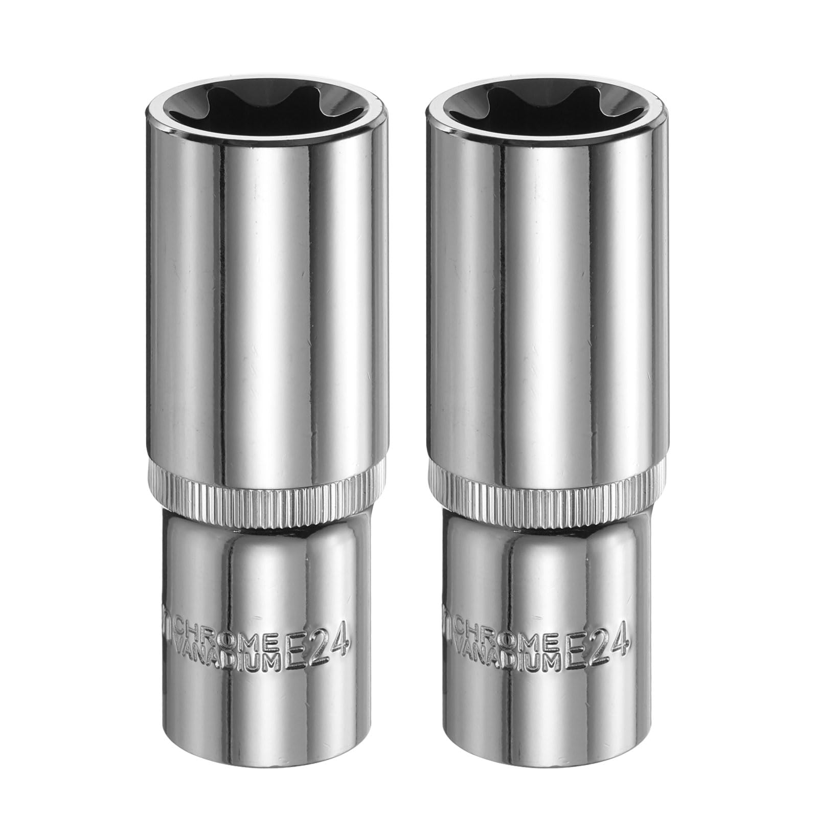 sourcing map 2pcs E-Torx Socket 1/2" Drive E24 Star Female Socket 3.1" Length External Torx Deep Sleeve Chrome Plating 6 Point Spline Sleeve for Auto Repairs Home Maintenance