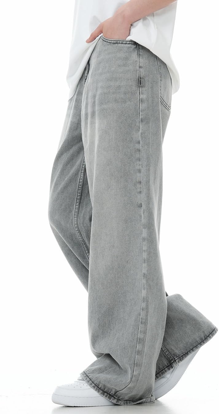 Wide Leg Jeans Men Y2k Baggy Hip Hop Grey Jeans Casual Loose Fit Skater Denim Pants Vintage Oversized Pants Streetwear - Image 4