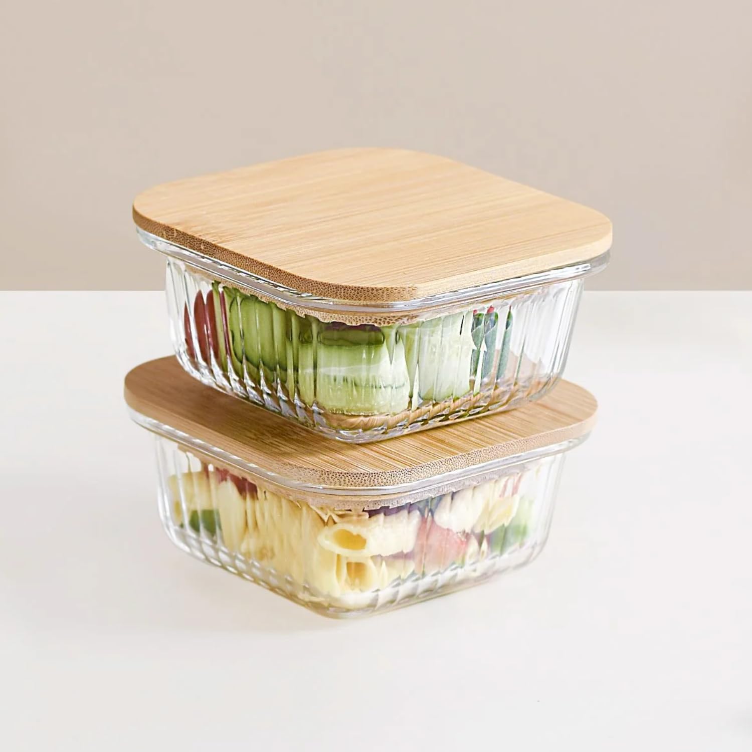 Nestasia Glass Lunch Box for Women and Men (300ml) - Borosilicate Clear Lunch Box for Office Use, Microwave Safe, Airtight Food Containers with Bamboo Lid, Lunch Boxes Set of 2