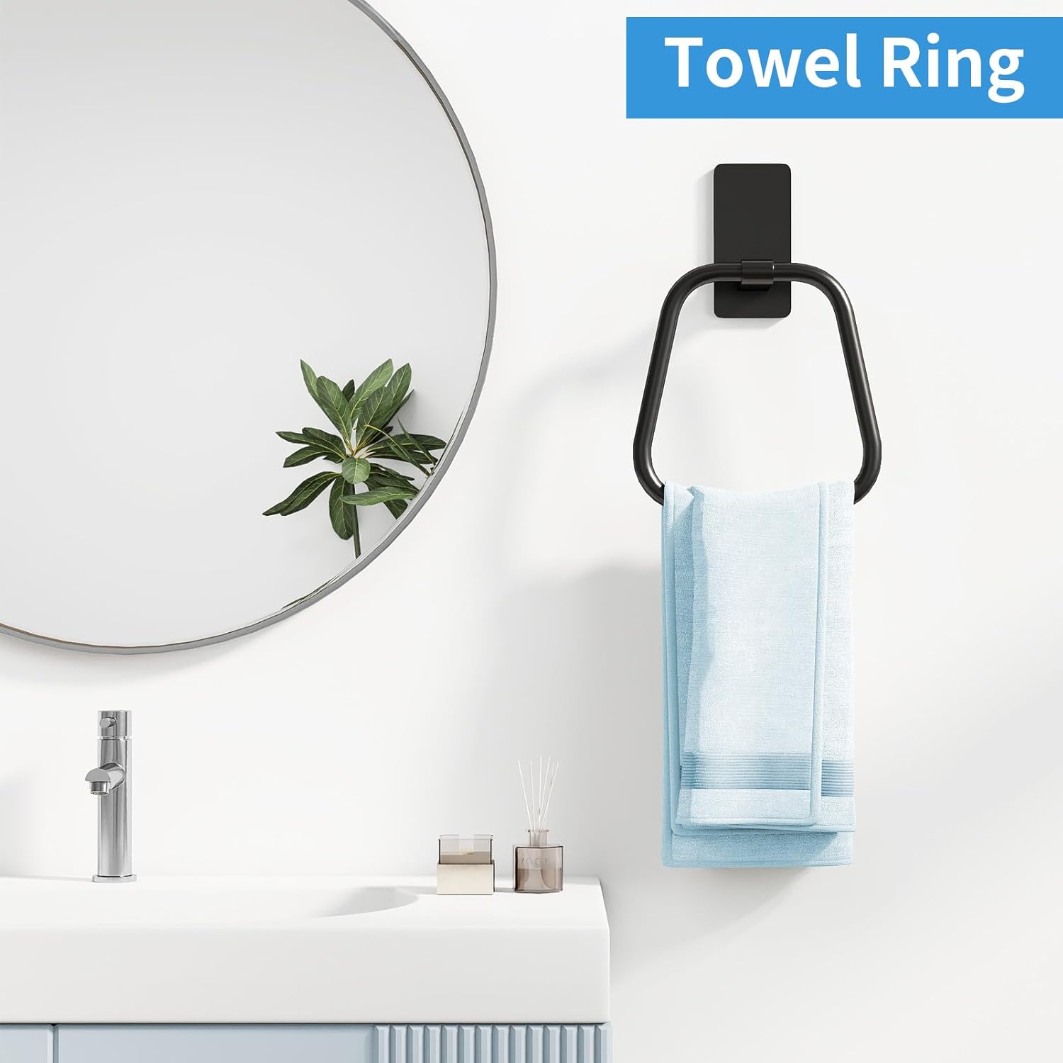 JUYSON Towel Ring, Hand Towel Holder for Bathroom, Adhesive Hand Towel Holder, Adhesive Towel Racks, Wall Mount Towel Hanger for Bathroom, Kitchen, NO Drill Easy to Install(Matte Black)