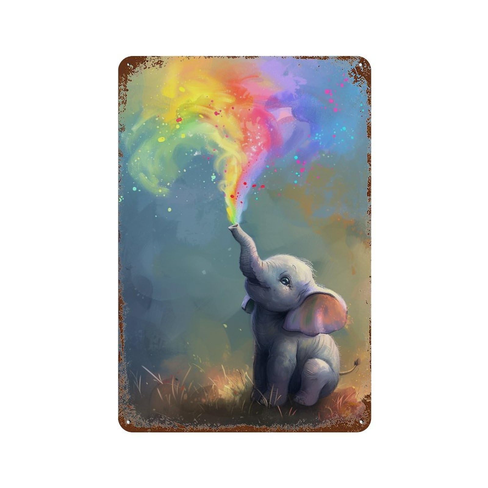 Rainbow Elephant Fantasy Artwork Aged Metal Wall Plaque 11.8"x7.9", for Shed, Workshop And Garage Wall Decor, Old School Wall Decor