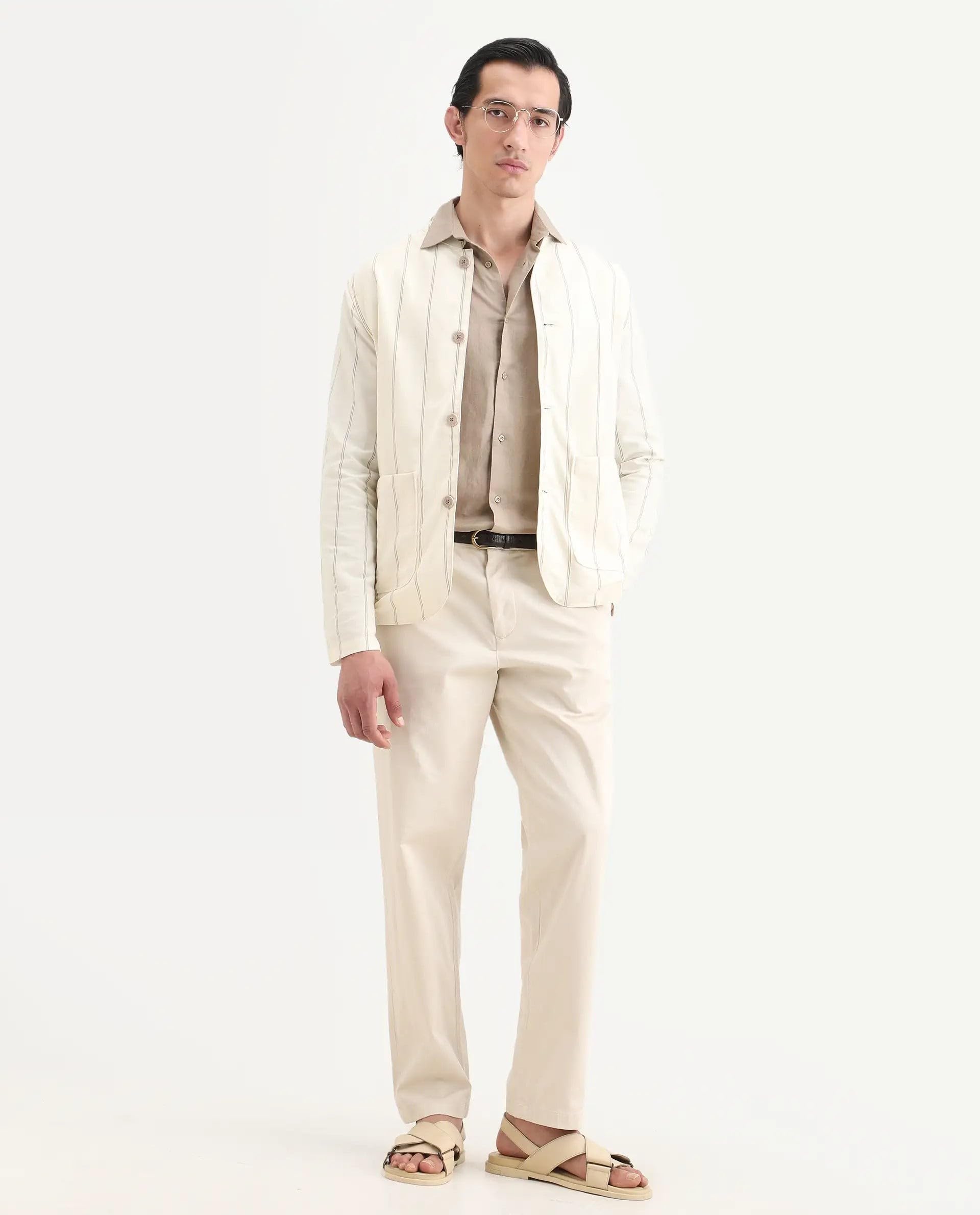 Rare Rabbit Men's Ray Off White Cotton Striped Print Relaxed Fit Full Sleeve Mandarin Collar Jacket 1