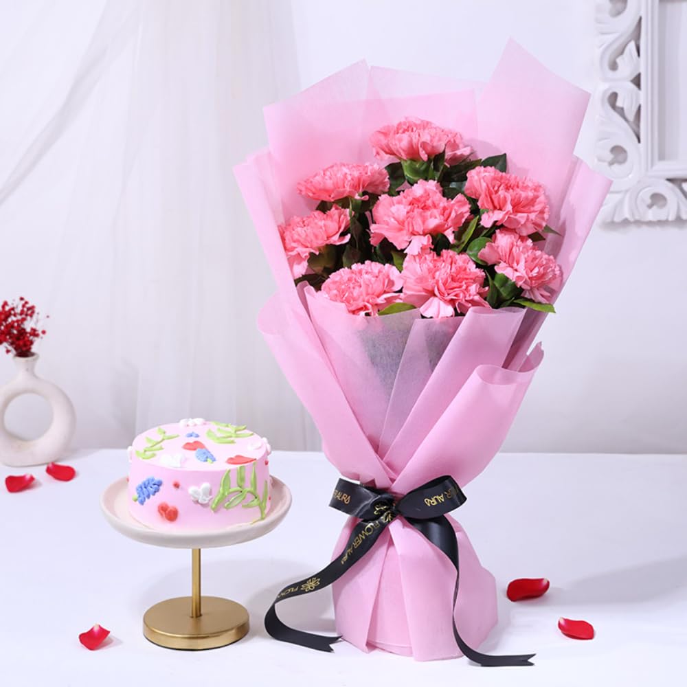 FlowerAura Love Combo of Fresh 8 Pink Carnations Flowers Bouquet & 0.5Kg Chocolate Cake For Birthday | Anniversary | Valentine's Day Gift For Girlfriend, Boyfriend, Husband & Wife (Same Day Delivery)-image-36