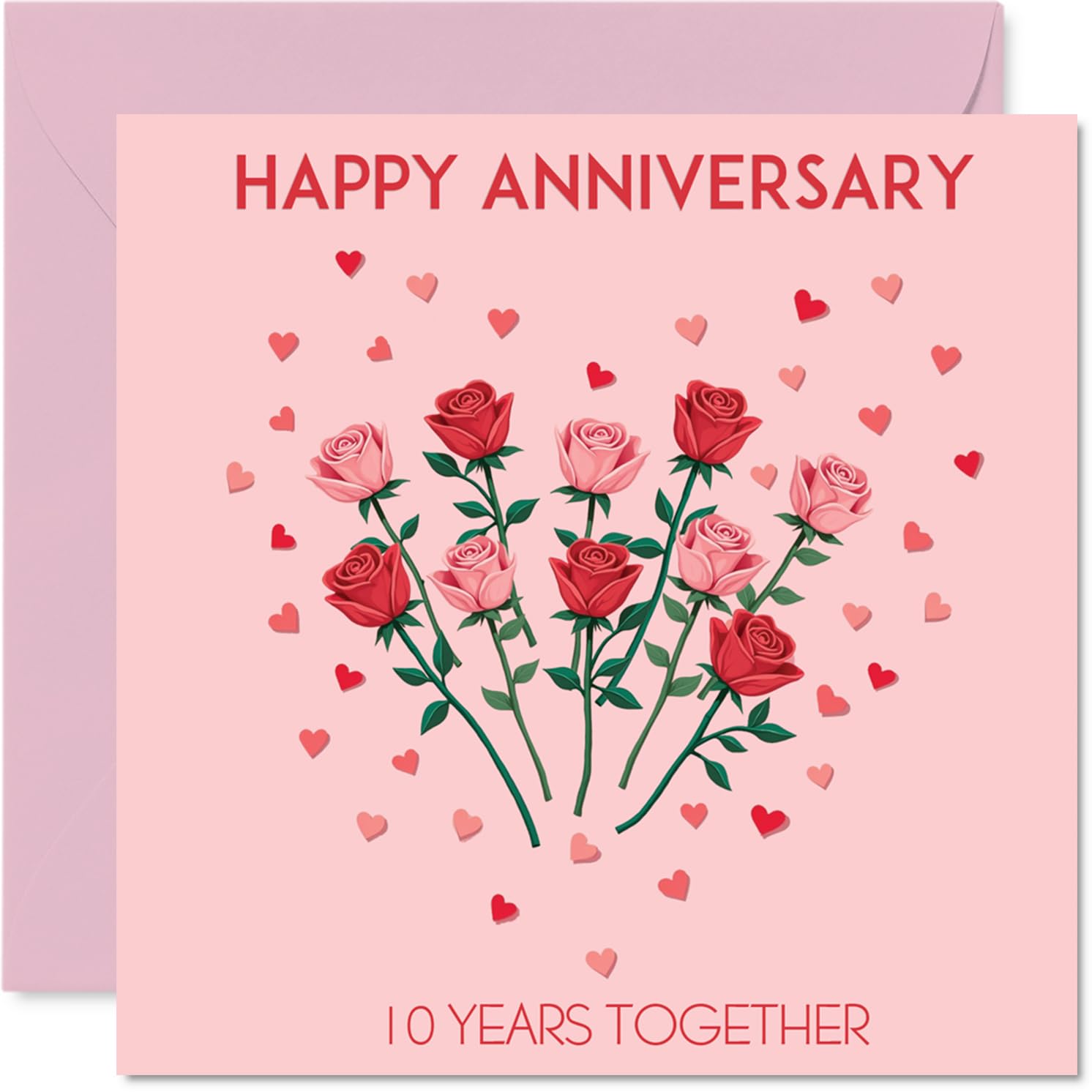 10th Anniversary Card for Women Men - Love Heart Rose - Happy 10 Year Anniversary Card for Girlfriend Partner Companion Husband, 145mm Wedding Anniversaries Greeting Cards