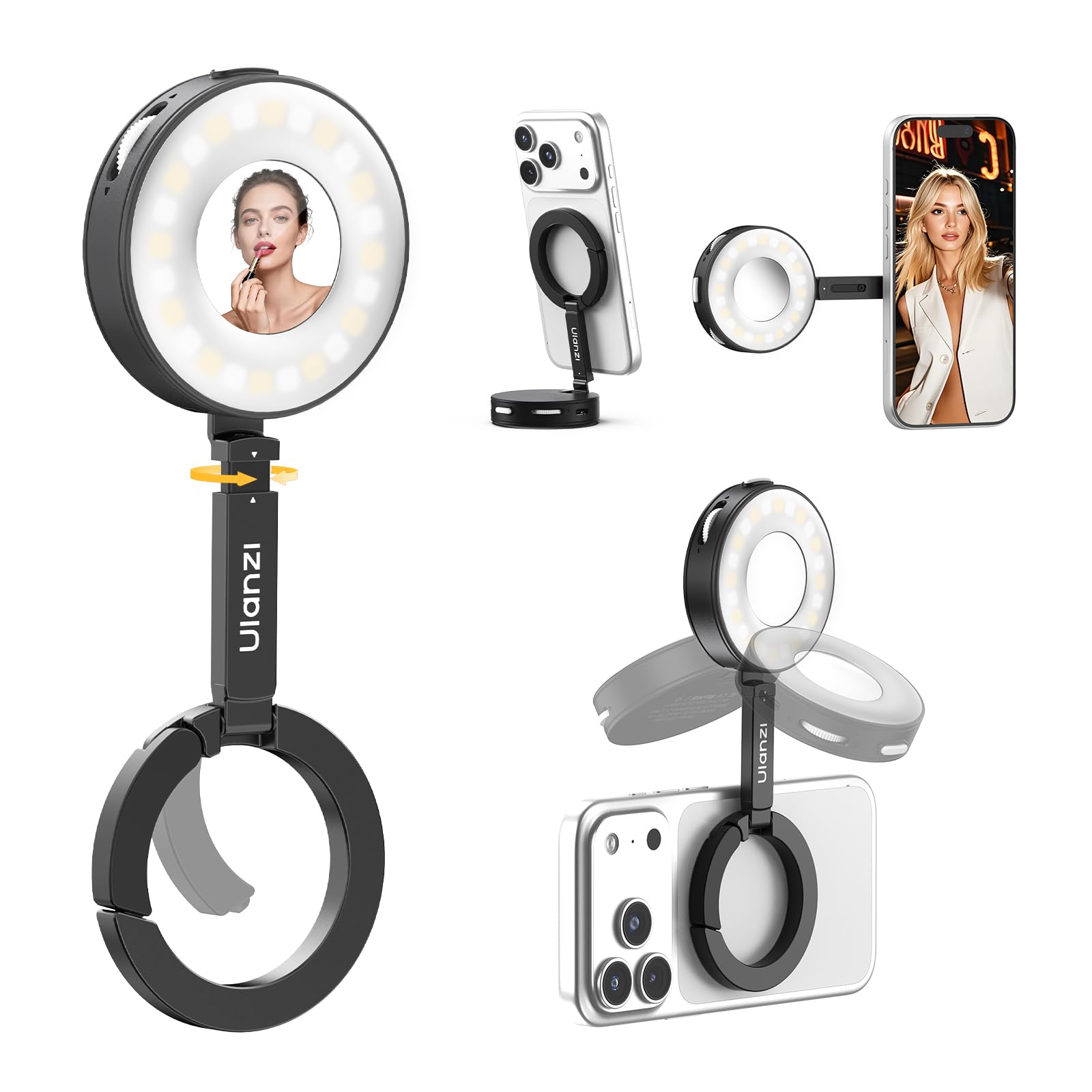 ULANZI ML05 Luce selfie per telefono, Luce ad anello magnetica per selfie con specchio, 9000K CRI≥97, Ring light portatile per smartphone ad angolo completo per viaggi, vlog, foto e video, Nero