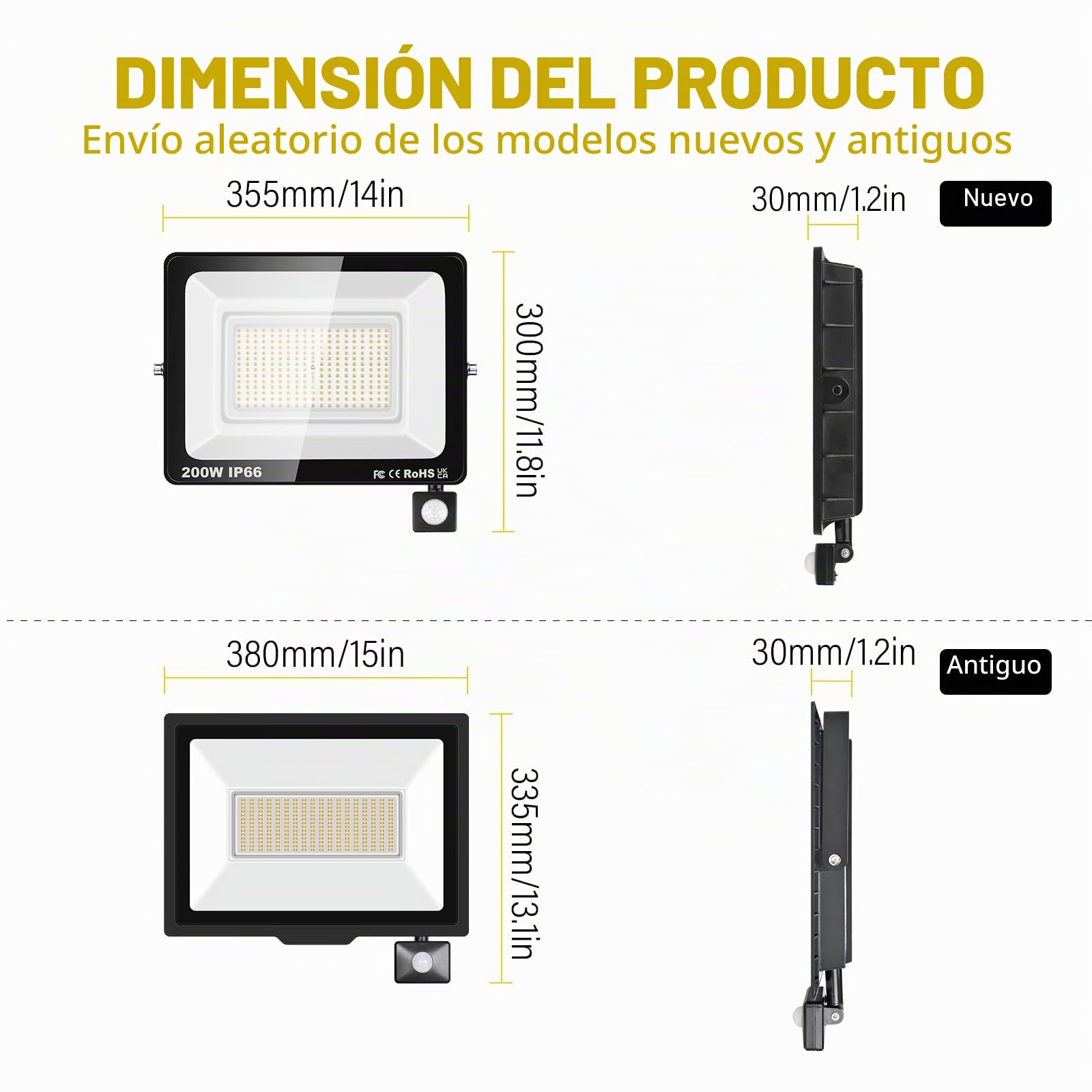 RIGIDON 200W Focos Led con Sensor Movimiento, 20000LM Proyector LED Exterior, IP66 Impermeable Foco LED Detector, 3000K Blanco Caldo Iluminación de Seguridad para Garaje Patio Jardín Terraza