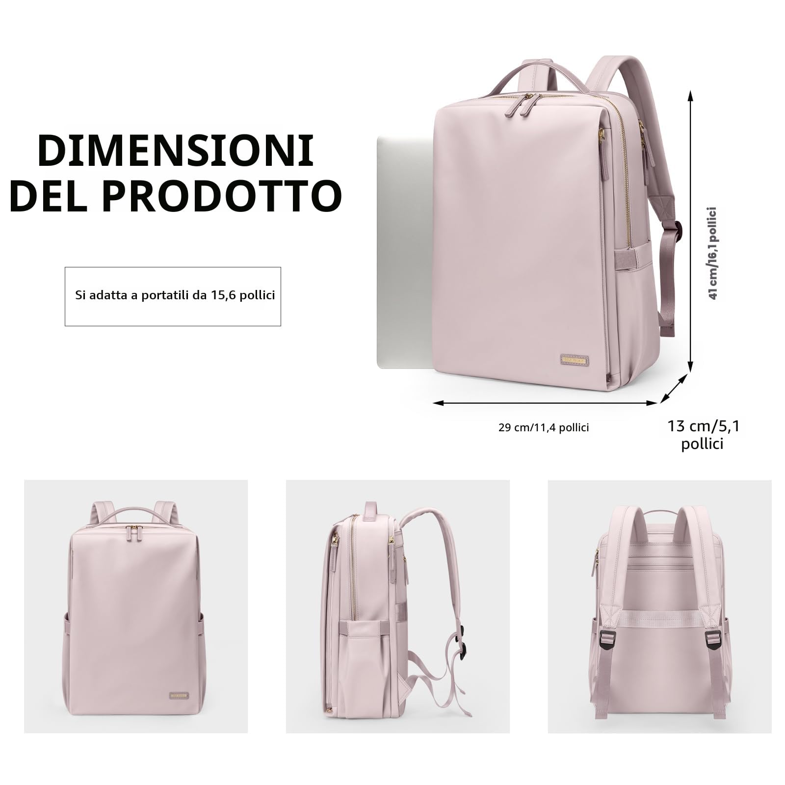Zaino per Laptop da Donna 15,6 Pollici Elegante Approvato Compagnia Aerea Multifunzionale Grigio Rosato