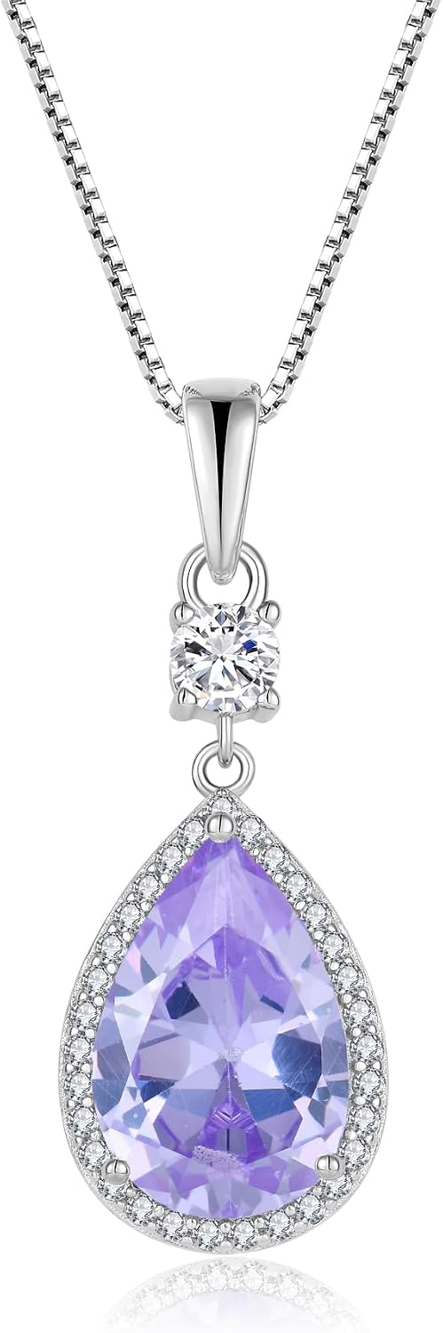 Teardrop Birthstone Necklace for Women 925 Sterling Silver 5A Cubic Zircon Pear Pendant Jewelry Anniversary Birthday Christmas Gifts for Her